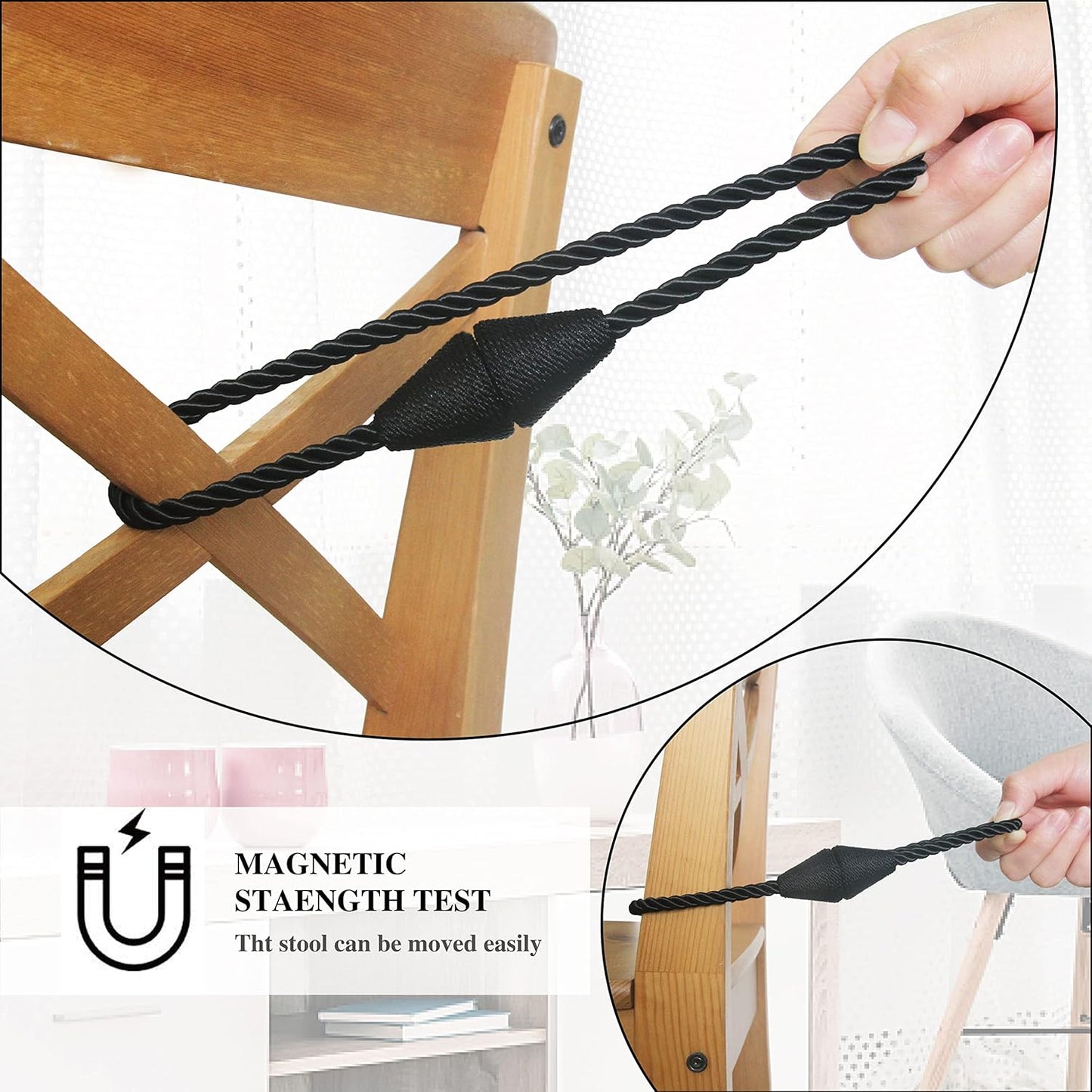 4 Pack Magnetic Curtain Tiebacks Rope Modern Handmade Curtain Tie Backs Decorative Drapes Weave Holdbacks for Window Décor, Black