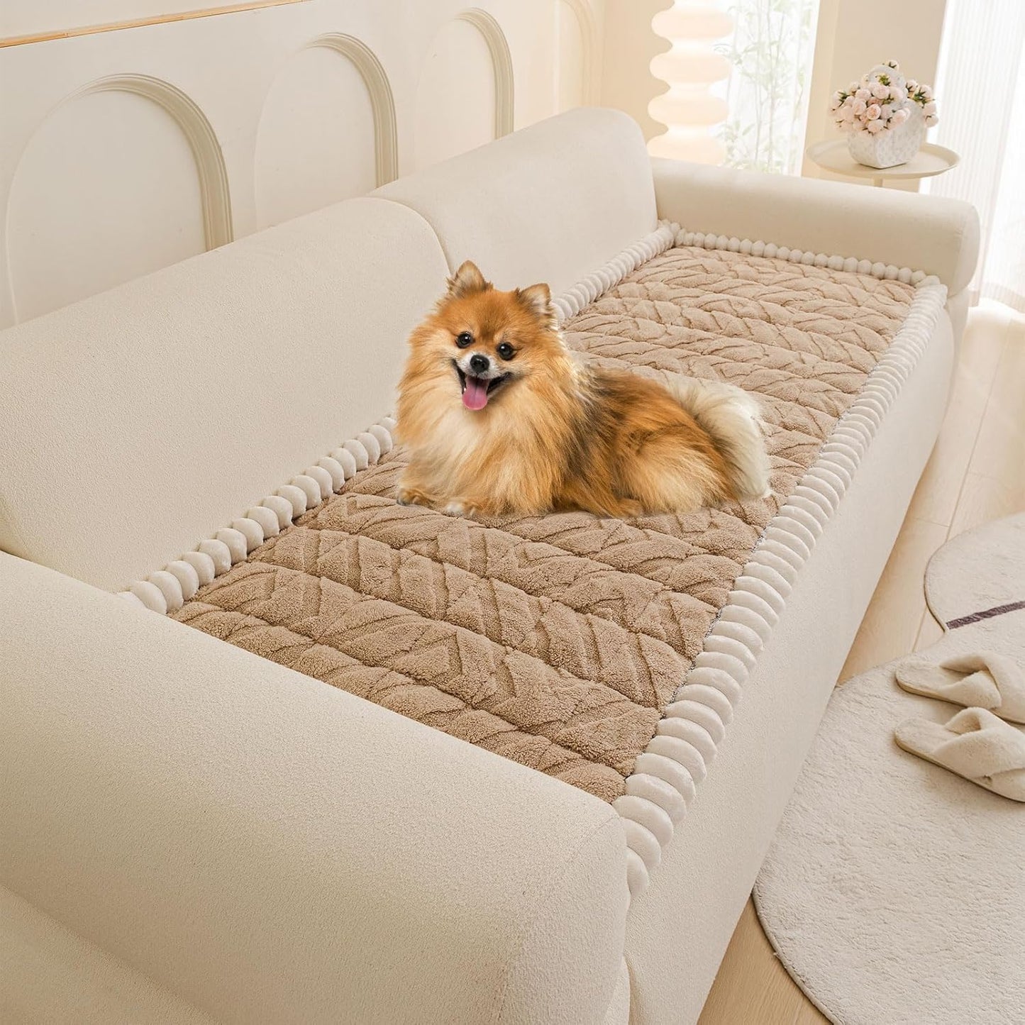 OTOB Pet Couch Covers for 3 Cushion Couch Sofa, Washable & Non Slip Fuzzy Plush Sofa Cushion Covers, All Seasons Geometric Jacquard Modern Soft Dog Bed Mat Slipcovers Protector (Coffee, 27.6"x70.9")