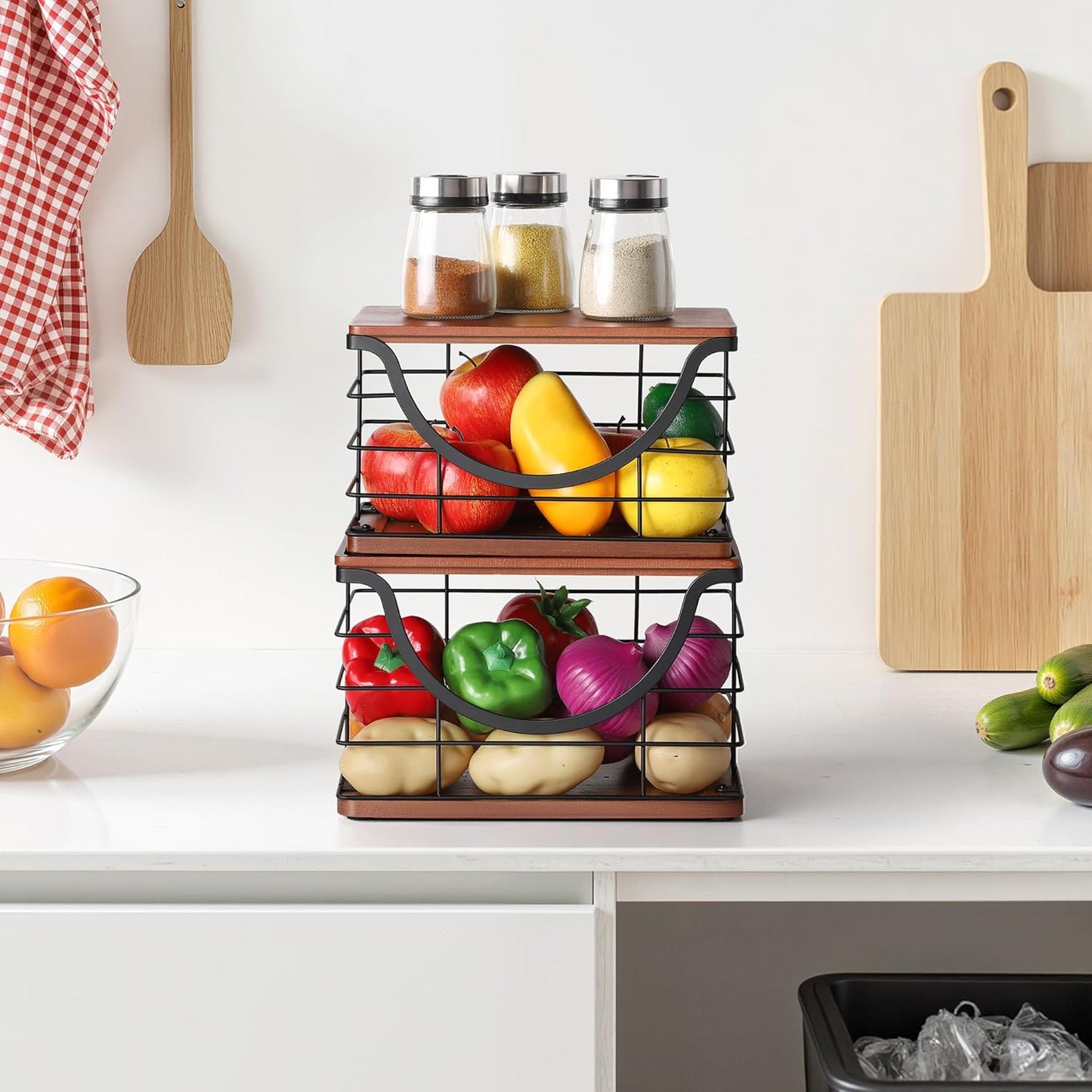 Extra Large Trash Bag Holder Stackable Kitchen Storage, 2 Pack Wall Mounted Pantry Organizers and Storage with Bamboo Top, Garbage Bag Dispenser Under Sink for Laundry Room and Kitchen