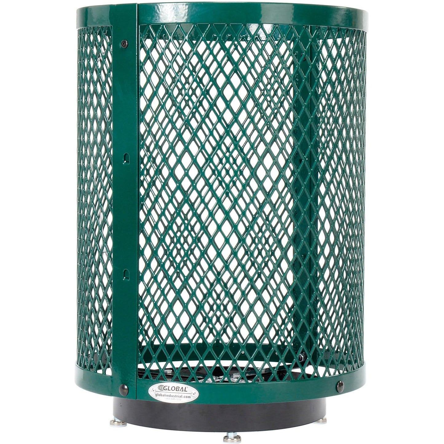Global Industrial Outdoor Diamond Steel Trash Can with Rain Bonnet Lid, Raised Base and Plastic Liner, 36 Gallon Capacity, Green, Thermoplastic Coating, 23-1/2" Diameter, 43-1/2"H