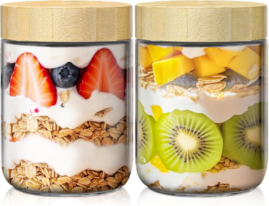 2 Pack 16oz Overnight Oats Containers with Bamboo Lids, Glass Jars with Airtight Lids for Meal Prep, Wide Mouth Mason Salad Jars, Glass Food Storage Container for Yogurt Chia Snacks Spice Sugar