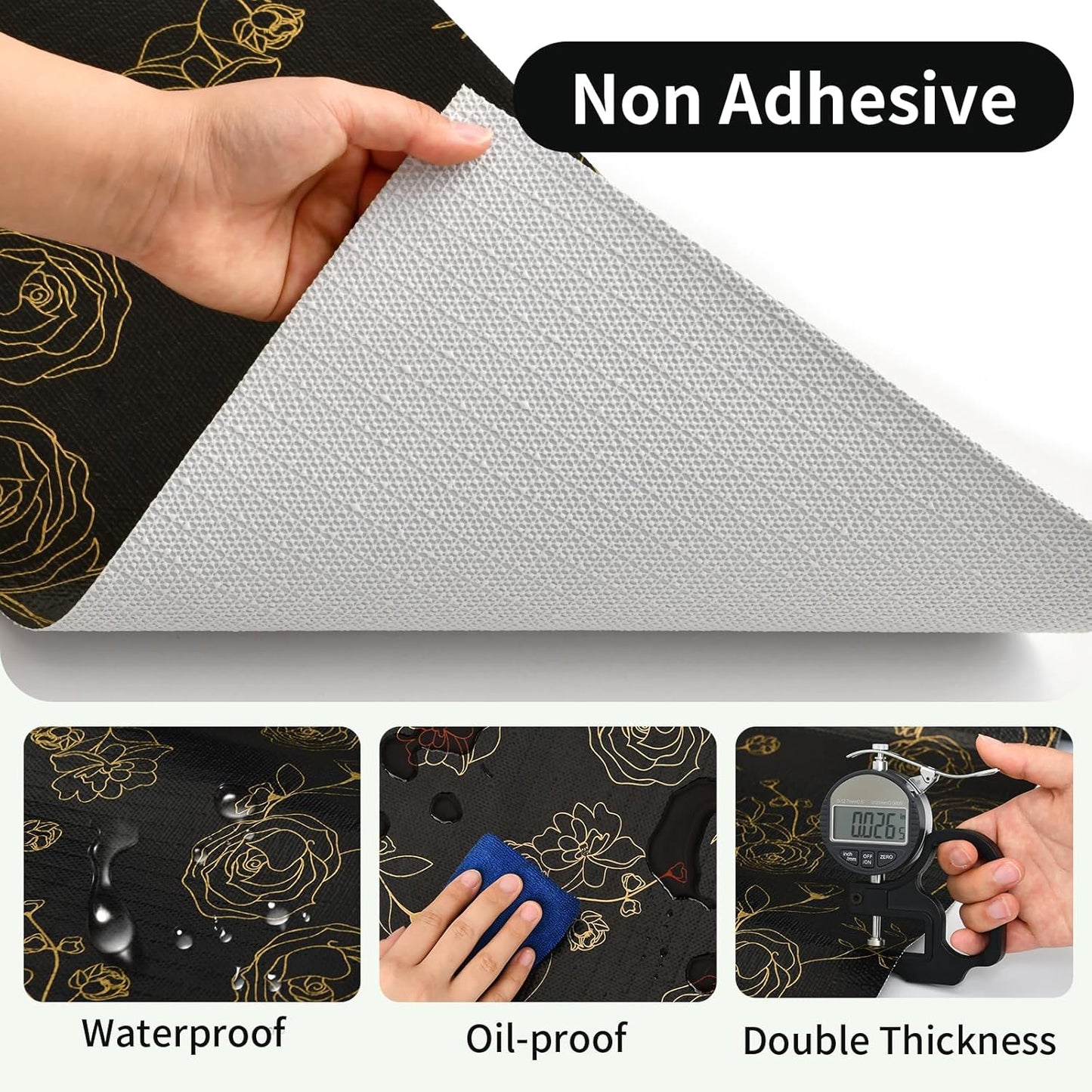 Shelf Liners for Kitchen Cabinets 12in x 20FT Non Adhesive Drawer Liner Black Floral Thickened Shelf Liner Paper Strong Non-Slip Easy to Clean for Tool Box Refrigerator with Knife and Tape Measure
