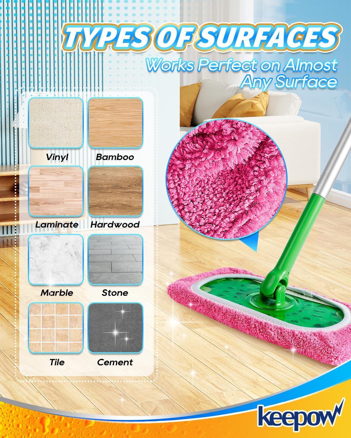 KEEPOW 6 Pack Reusable Mop Pads Compatible with Swiffer Sweeper, Coral Fleece Pink Washable Swiffer Mop Pads, Dry & Wet Sweeping Mopping Cloths (Pink, Not Included Mop)