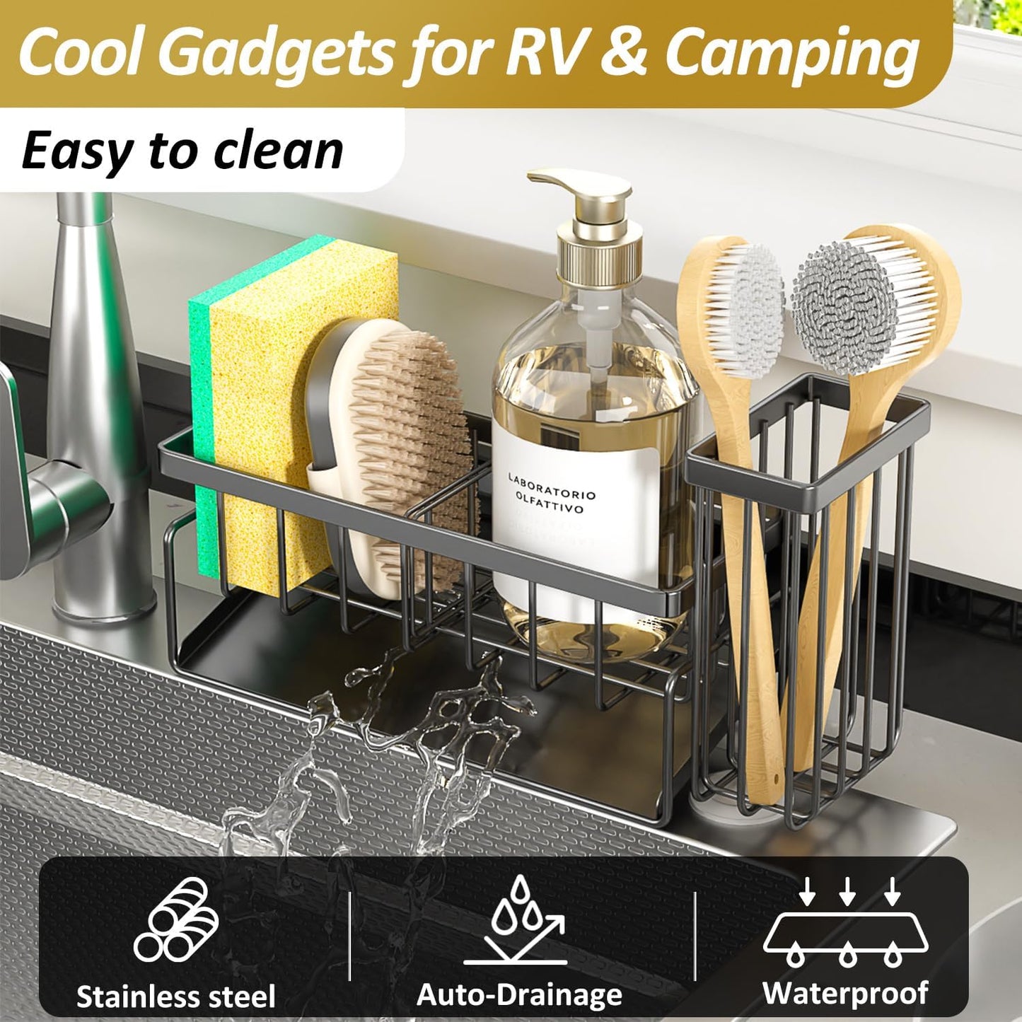 Sponge Holder & Sink Caddy Organizer - Rustproof Kitchen Sink Organizer with High Brush Holder - Kitchen Essentials Countertop Storage Organization (Black)