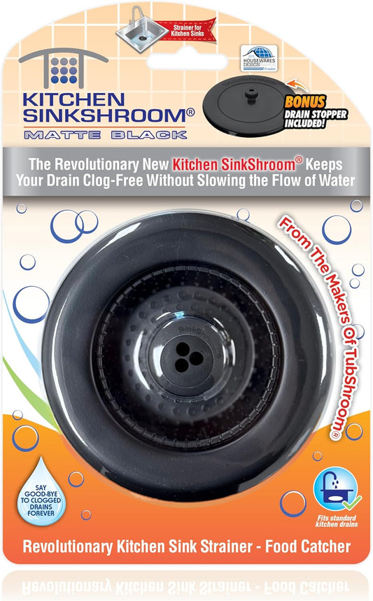 Kitchen SinkShroom Clog-Free Kitchen Sink Drain Strainer with Stopper - Sink Protector for Kitchen Sink, Stainless Steel, Matte Black