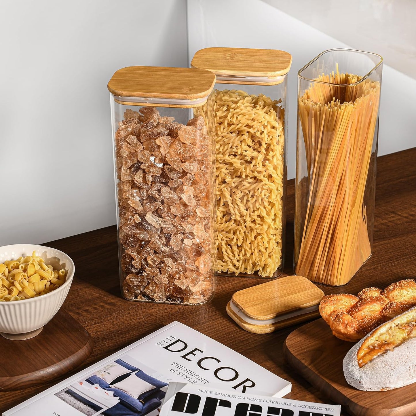 71oz Rectangle Airtight Glass Storage Containers with Bamboo Lids (Set of 4), Square Food Storage Jar, Pantry Organizers for Sugar, Flour, Spaghetti and Coffee beans (‎with Black Lable)