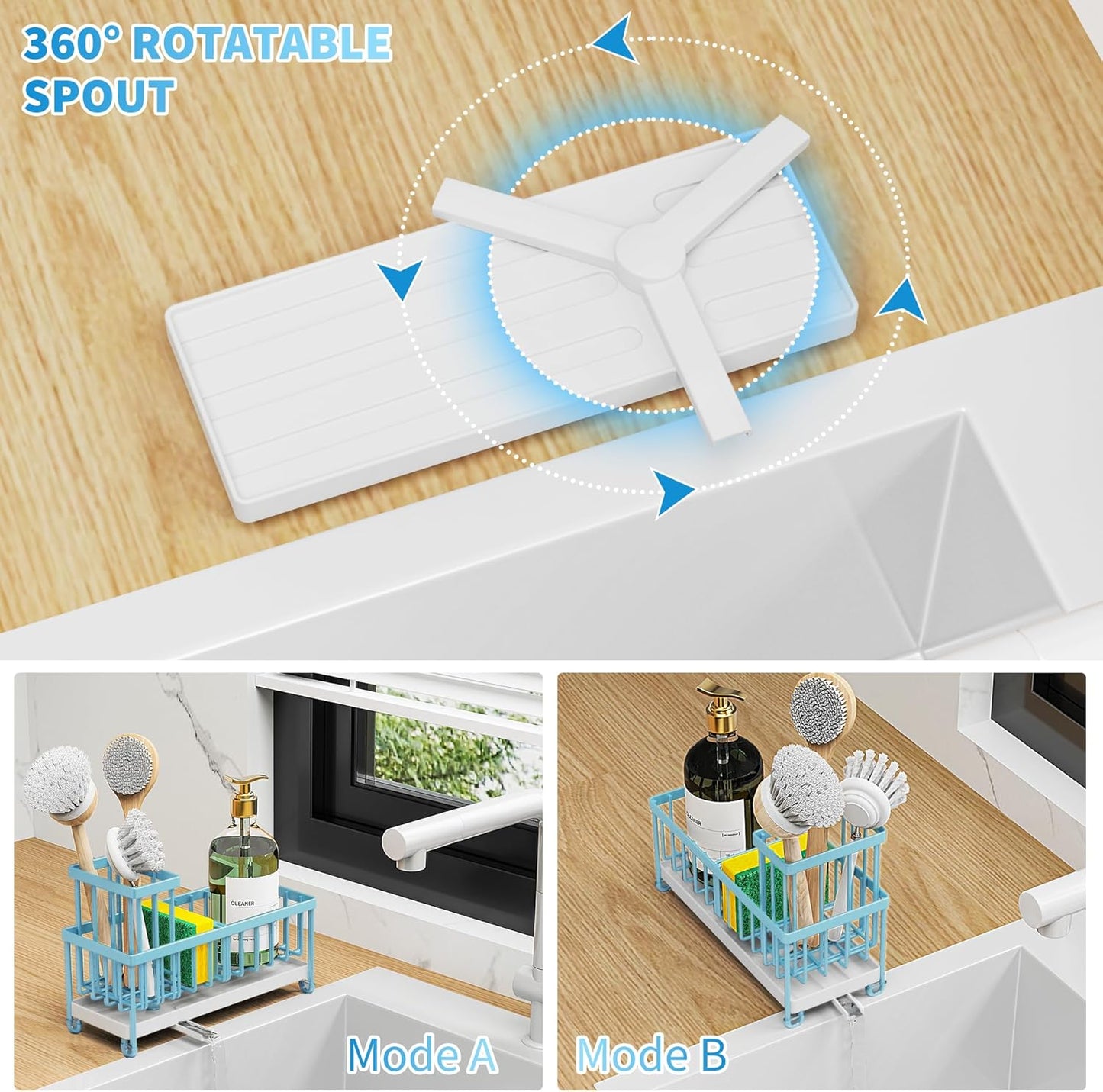 Cisily Blue Sponge Holder for Kitchen Sink, Sink Caddy Organizer with High Brush Holder, Kitchen Countertop Organizers and Storage Essentials, Rustproof 304 Stainless Steel, Soap Dispenser Organize