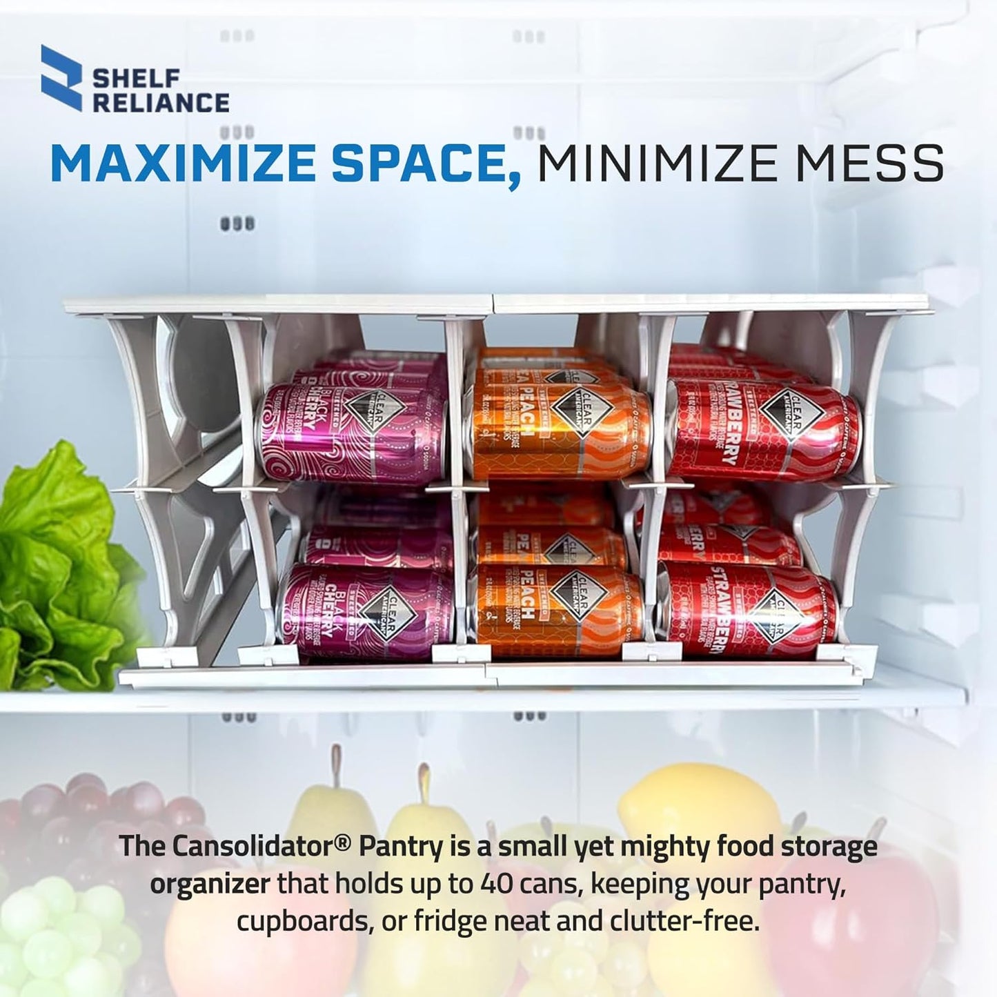 Shelf Reliance Cansolidator Pantry - 1-Pack Can Organizer for Pantry, Stackable Soda Can Storage for Kitchen, Holds 40 Cans of Food or Soda