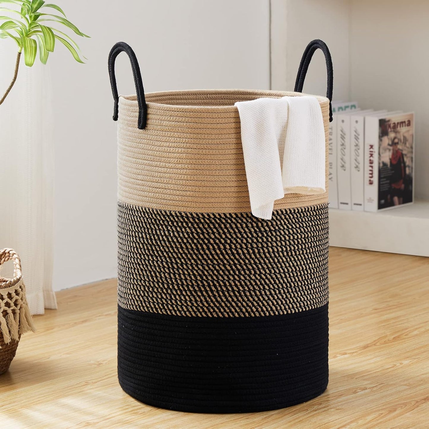 Fiona's magic 58L Large Woven Laundry Hamper, Tall Cotton Rope Laundry Basket, Boho Storage Basket for Blankets, Toys and Clothes Hamper for Bedroom and Living Room Organizing, Brown & Black