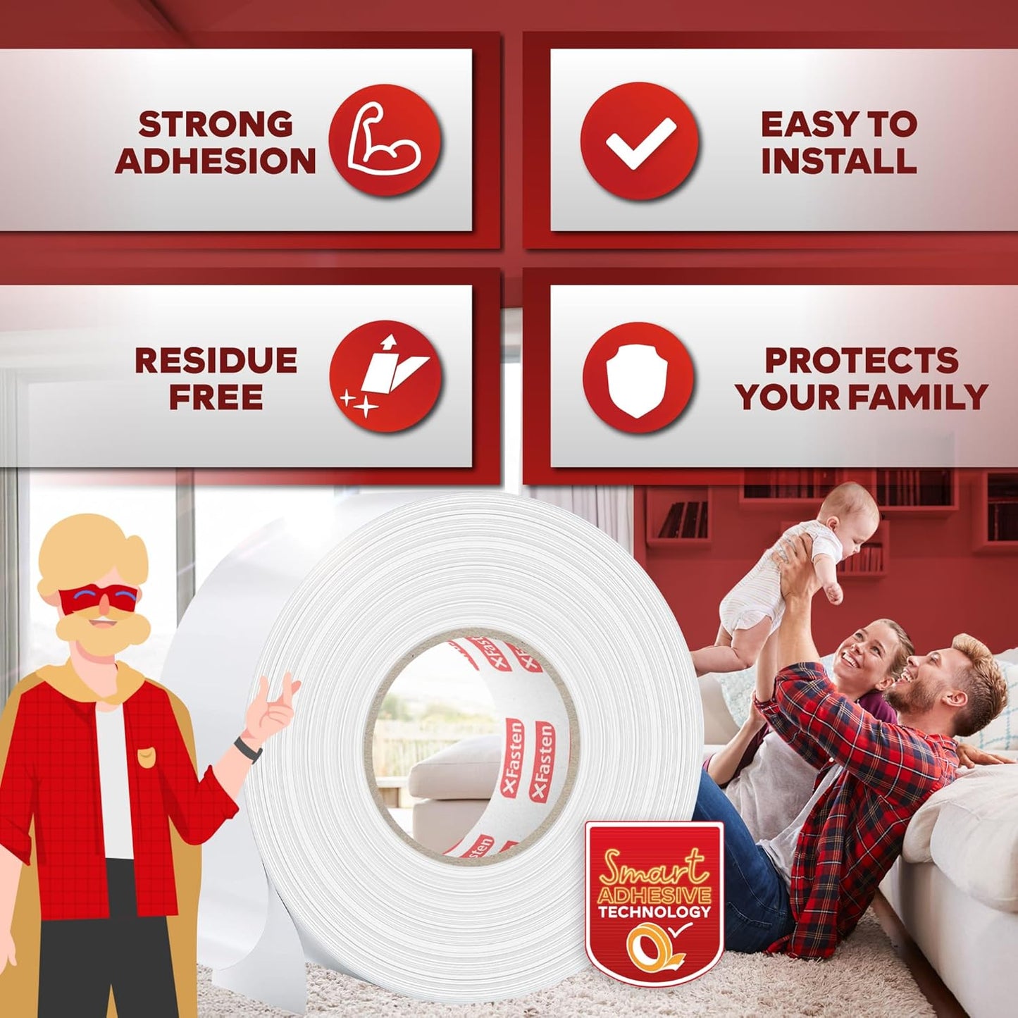 XFasten Double Sided Carpet Tape for Area Rugs, 2 Inch x 30 Yards (6-Pack) – Heavy Duty Anti Slip Rug Grip Tape, Works as Rug Gripper, Wood Safe, Easy Removal for Hardwood and Laminated Floors