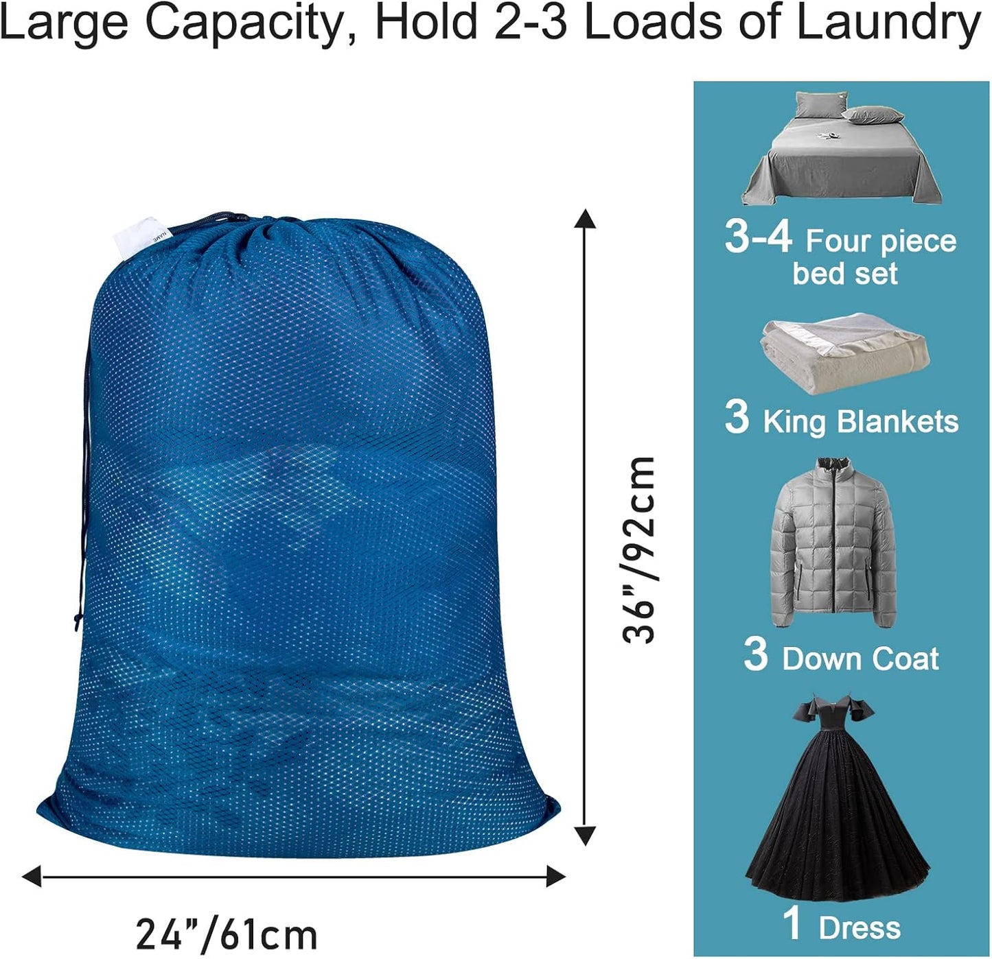 Polecasa Diamond Mesh Laundry Bags, 24 x 36 inches Heavy Duty Mesh Laundry Bag with ID Tag and Drawstring Closure, Large Laundry Hamper Liner, Washable Laundry Bag for Travel, Sports, Dorms (Blue)