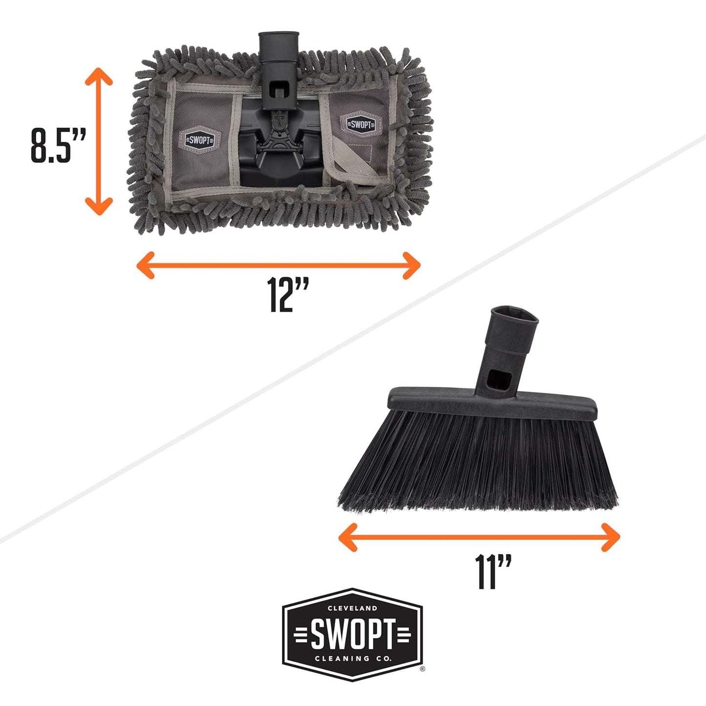 SWOPT Angled Broom Head + 12” Dust Mop Head + Plastic Dustpan – Multi-Surface Cleaning Kit Interchangeable with All SWOPT Cleaning Products for More Efficient Cleaning and Storage