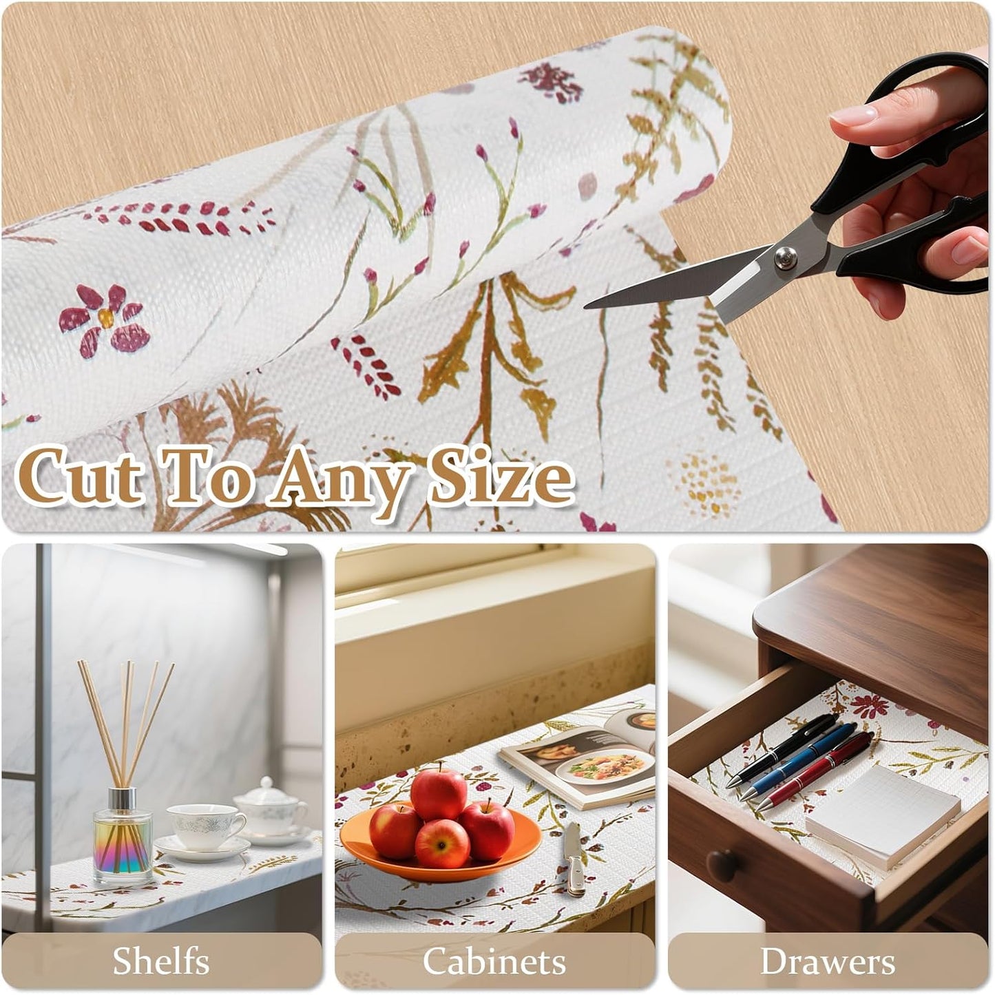 FINNEZ Shelf and Drawer Liner 12in x 20FT with Cutting Tool, Non Slip Non Adhesive Drawer Liners for Kitchen Cabinets, Waterproof Floral Cabinet Liner for Shelves, Refrigerator