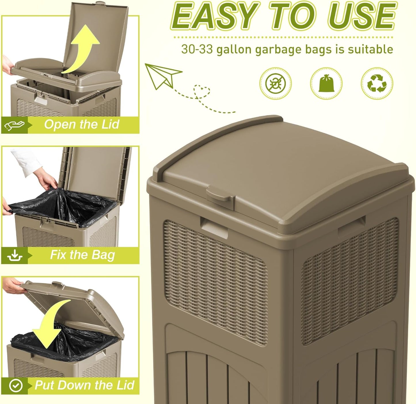 Greesum 33 Gallon Resin Outdoor Trash Can with Lid, Waterproof Resin Garbage Bin for Hideaway, Patio, Deck, 4 Pack, Light Brown