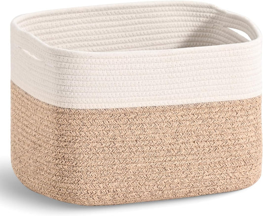 Woven Cotton Rope Storage Basket for Organizing, Cute Decorative Baskets for Gifts Empty, Organizer Bins for Dog Toy, Baby Laundry, 15“×11”×9.5“, Off White & Brown