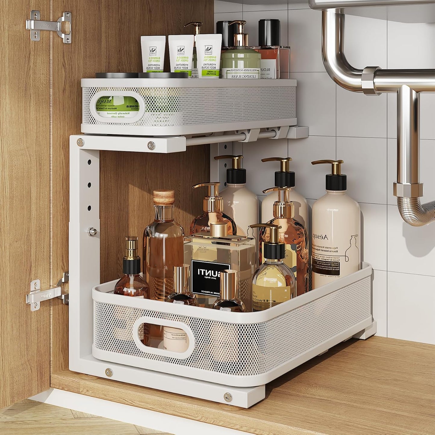 1 Pack 15.7IN-Depth Under Sink Organizer With Smooth Cylindrical Rail,2-Tier Pull Out Multi-Purpose Cabinet Storage for Bathroom&Kitchen,Height Adjustable,Rust-resistant Coating-White