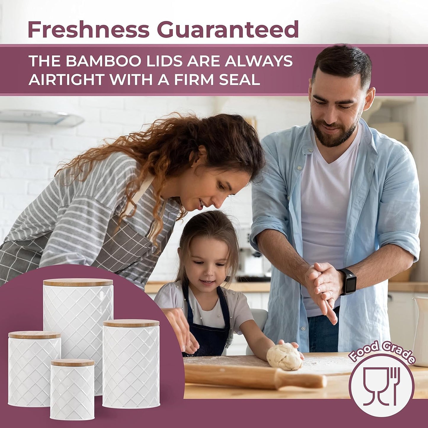 Pebble & Stem® White Metal Canister Set for the Kitchen Counter, Food Canister Set of 4, Airtight Lids, Sugar and Flour Containers for Countertops, Coffee and Tea Storage, Farmhouse Decor