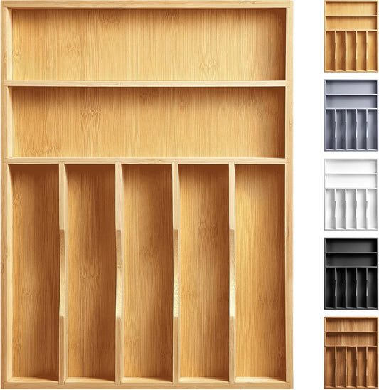 Kitchen Bamboo Silverware Organizer, Kitchen Drawer Organizer - Utensil Holder and Cutlery Tray with Grooved Drawer Dividers for Flatware 7 Slot, Natural