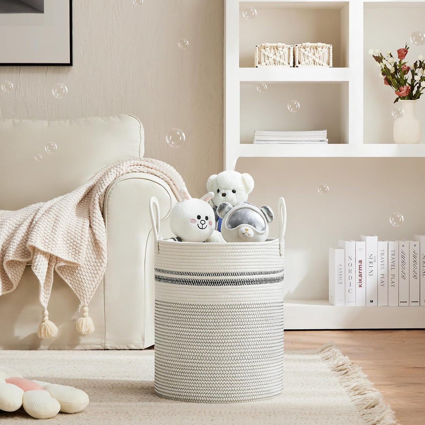 VIPOSCO Large Laundry Hamper, Tall Woven Rope Storage Basket for Blanket, Toys, Dirty Clothes in Living Room, Bathroom, Bedroom - 53L Stripe White