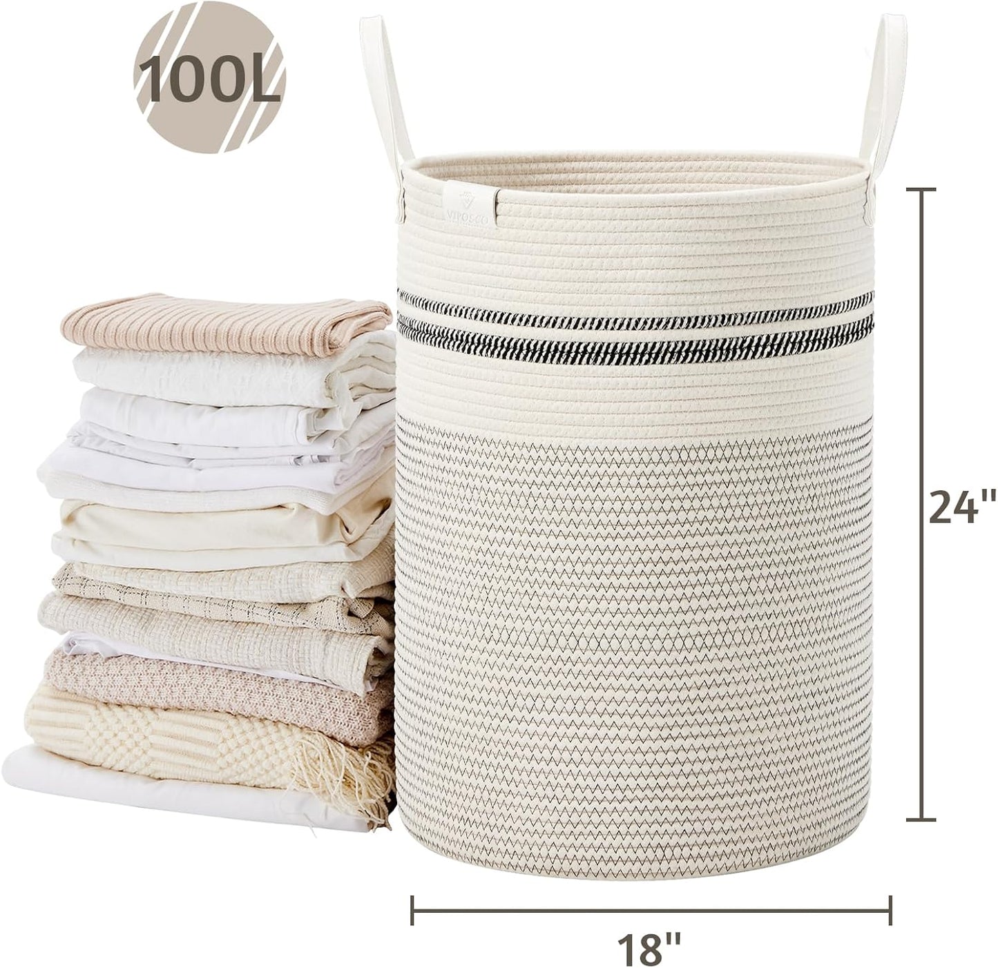 VIPOSCO Tall Laundry Basket, Large Dirty Clothes Hamper with Leather Handle, Woven Rope Storage Basket for Blanket, Toy In Living Room, Bathroom, Bedroom - 100L Stripe White