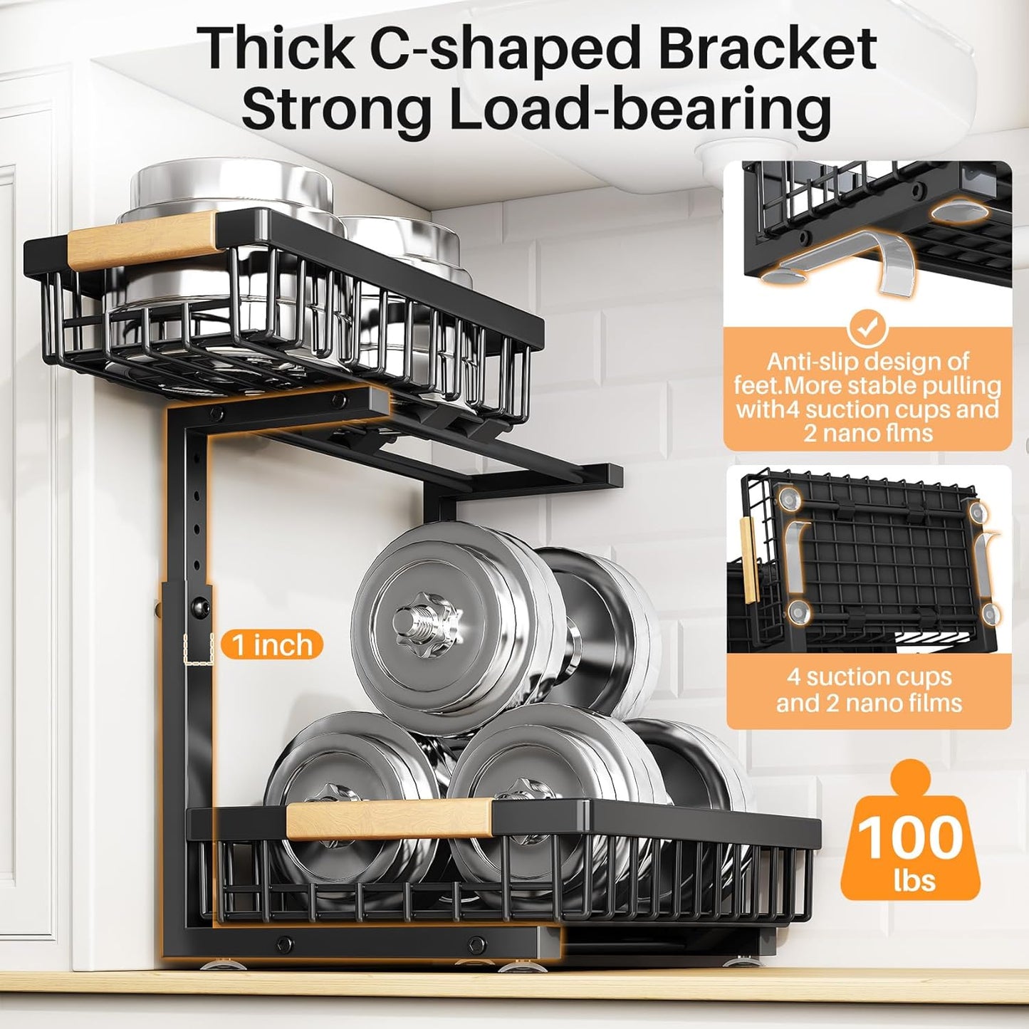 PXRACK Large Under Sink Organizer, Adjustable Height, 2-Tier Slide Out,Thickened Metal Shelf Under Sink Storage for Kitchen, Bathroom, Cabinet,Pantry,Black,1 PACK,Small Space-saving