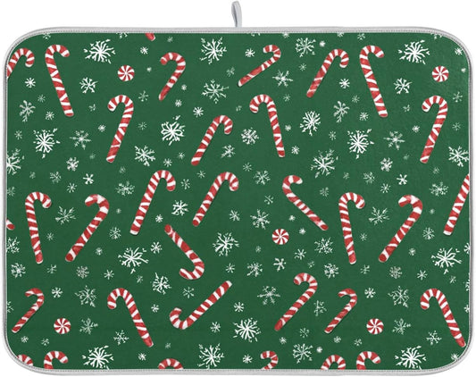 Christmas Candy Cane Dish Drying Mat for Kitchen Countertop 16x18 Winter Snowflake Green Xmas Small Drying Mat Reusable Quick Dry Dish Sink Mats Easy Clean Decorative Essentials
