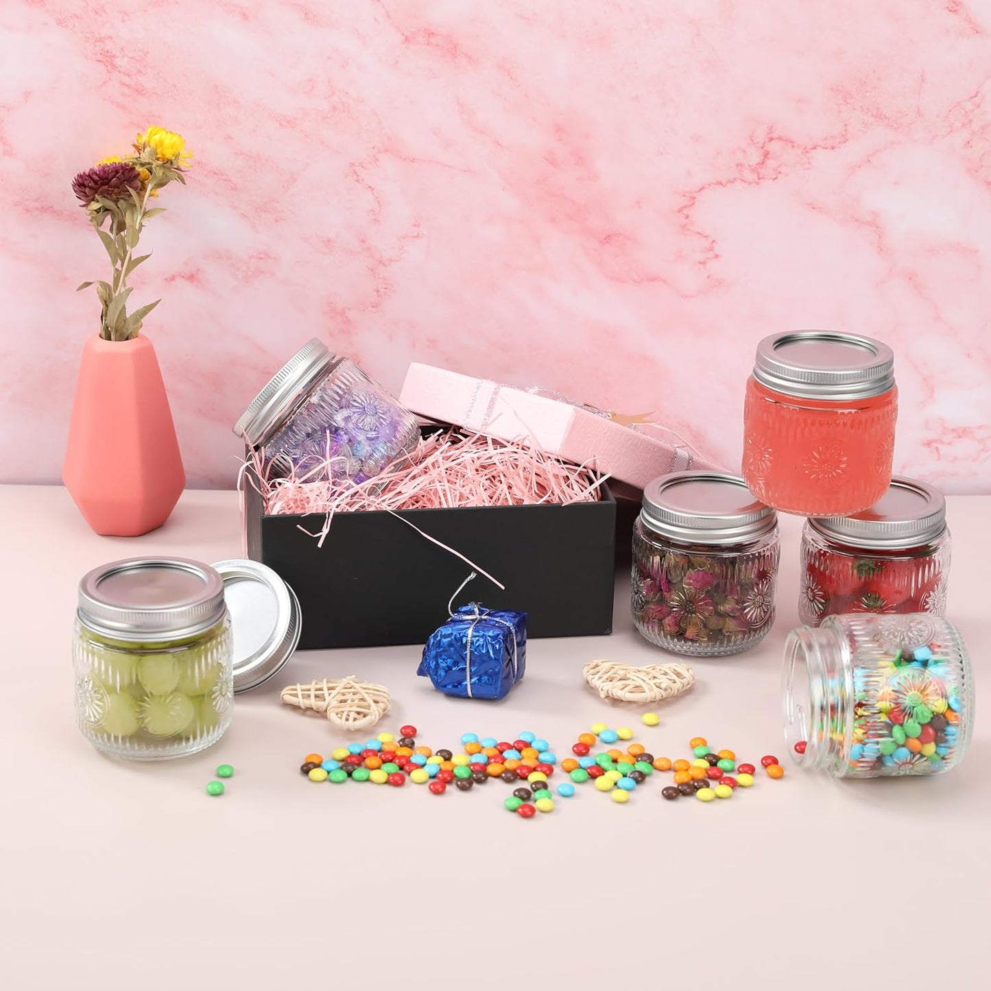 Mason Jars 8 oz - Vintage Small Glass Mason Jars with Silver Metal Lids, Regular Mouth Canning Jars, Safe For Storage, Canning, Pickling, Preserving, Fermenting, DIY Crafts & Decor (12Pack)