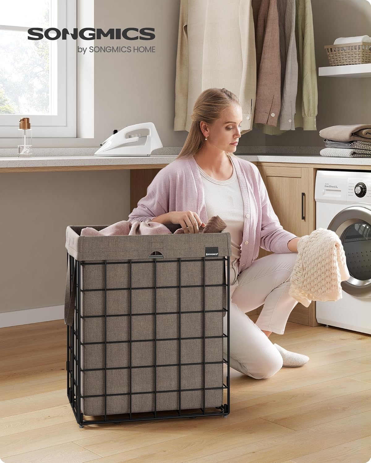 SONGMICS Laundry Hamper, 23.8 Gal. (90L) Laundry Basket, Collapsible Clothes Hamper, Removable and Washable Liner, Metal Wire Frame, for Bedroom Bathroom, Black and Camel Brown ULCB190N01