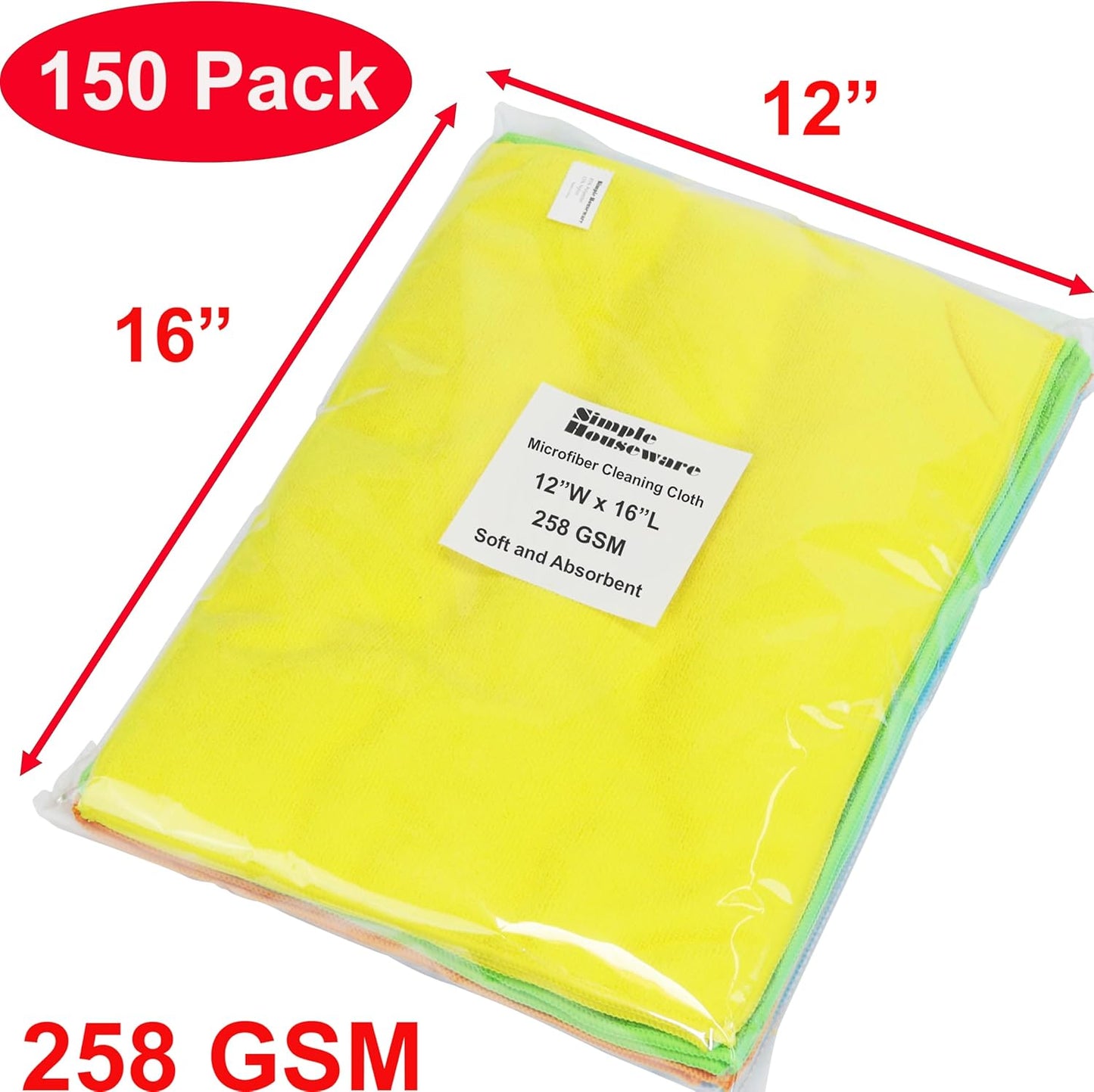 Simple Houseware Microfiber Cleaning Cloth 150 Pack, 12" x 16", 4 Colors