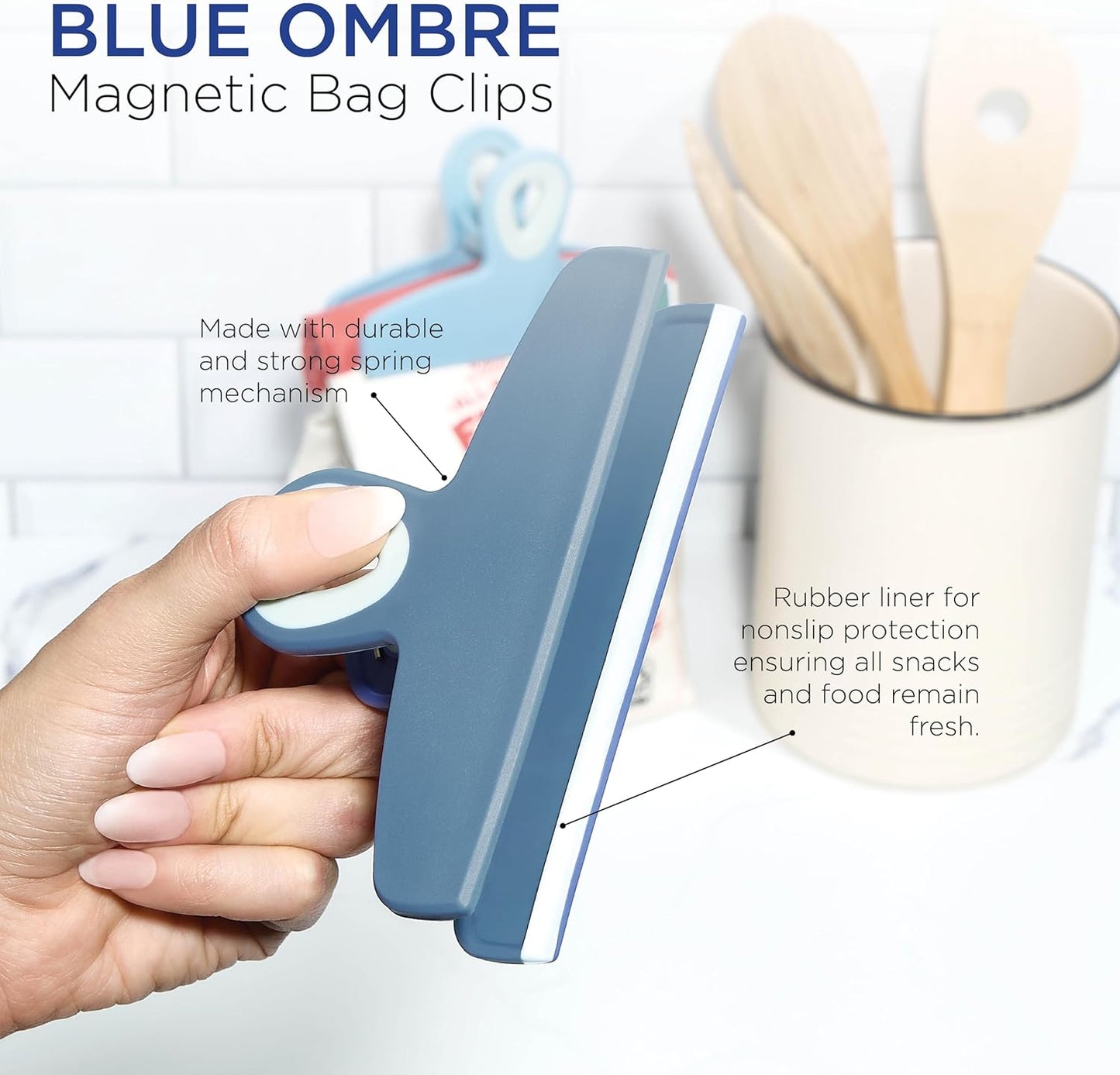 COOK WITH COLOR Bag Clips - Heavy Duty Chip Clip and Refrigerator Magnet Clips for Food Storage with Air Tight Seal Grip, Light Blue, Pack of 8