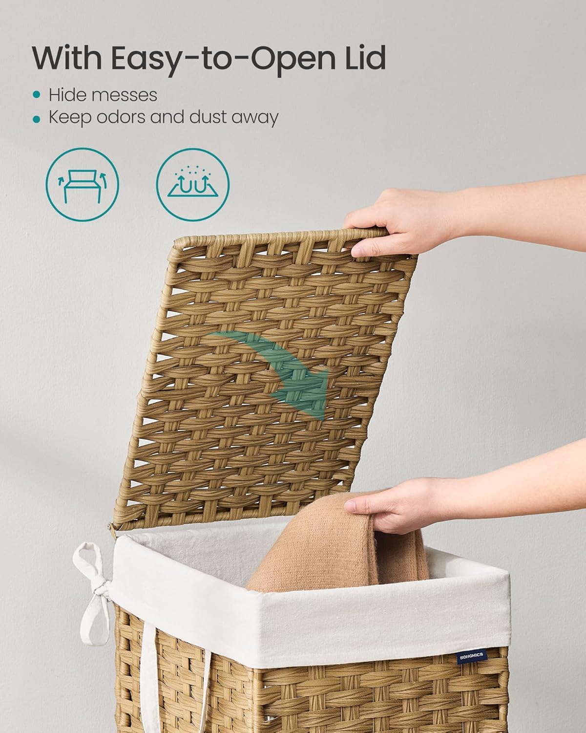 SONGMICS Laundry Hamper with Lid, 9.5 Gallon (36 L) Synthetic Rattan Clothes Laundry Basket with Lid and Handles, Foldable, Removable Liner, Goose Yellow ULCB136Y01