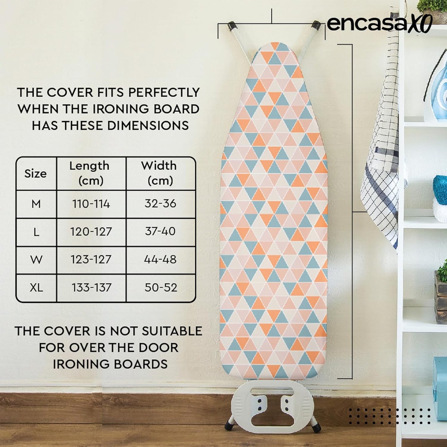 Encasa XO Ironing Board Cover and Pad - Thick 4mm Felt, Heat & Scorch-Resistant, Fits Wide Boards 49"x18", Elastic Bungee Cord Tightening, Easy Fit, Stain-Safe Dye, Triangles