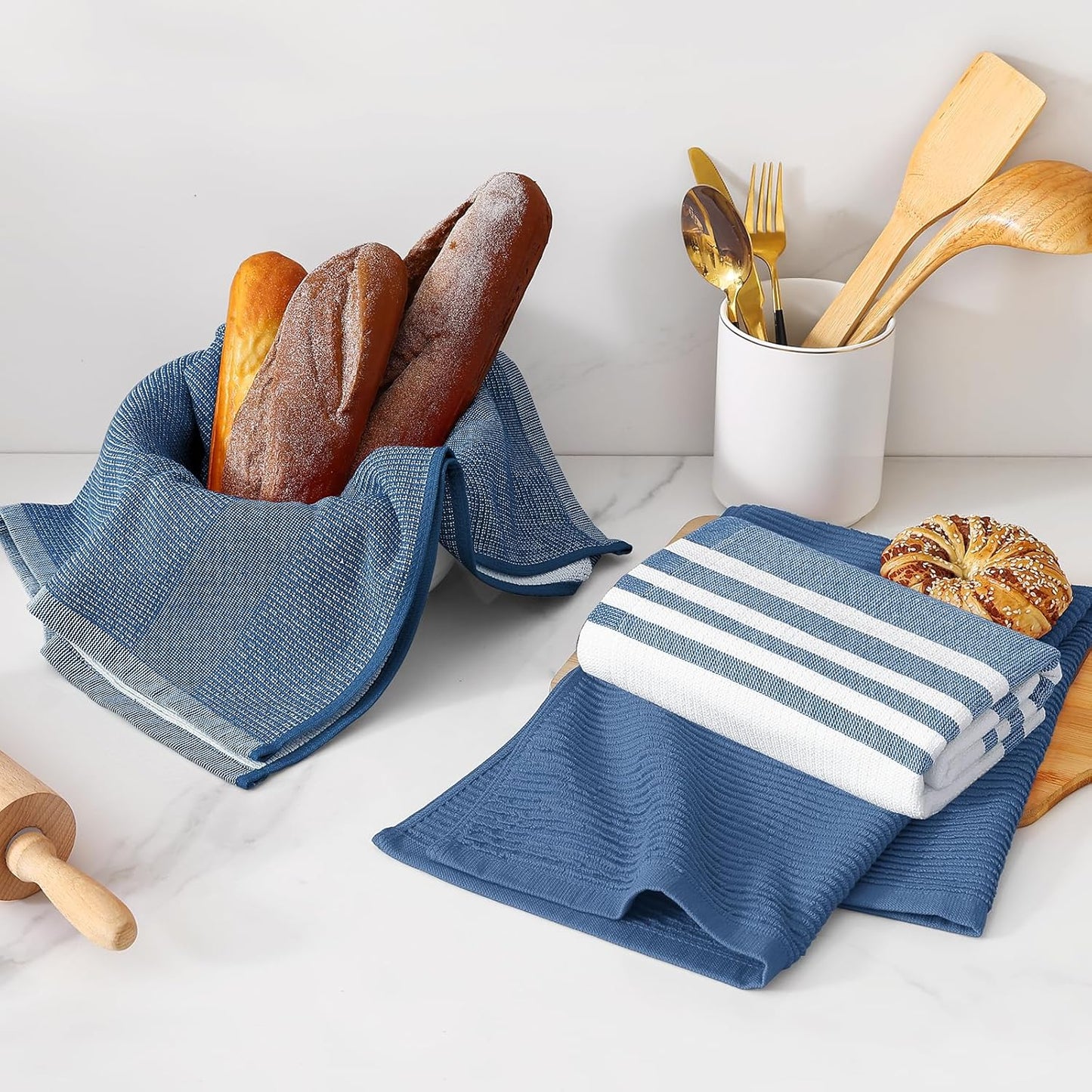 Homaxy Premium Kitchen Towels(18”x 28”, 3 Pack), Large Cotton 380 GSM Kitchen Hand Towels, Soft and Absorbent Terry Dish Towels, Multipurpose Tea Towel Set with Hanging Loop, Navy Blue