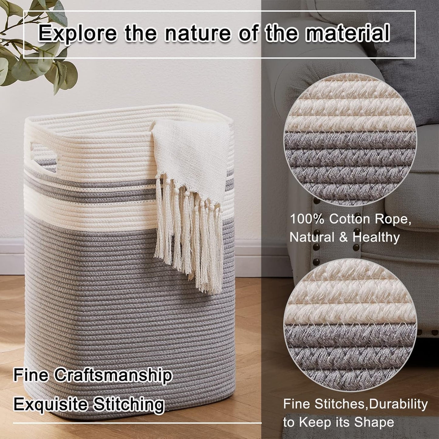 OIAHOMY Laundry Hamper, Tall Cotton Decorative Blanket Storage Basket with Handles for Living room,Collapsible Large Baskets for Toys,Pillows,Clothes Organizer-16x13x22in-Gray