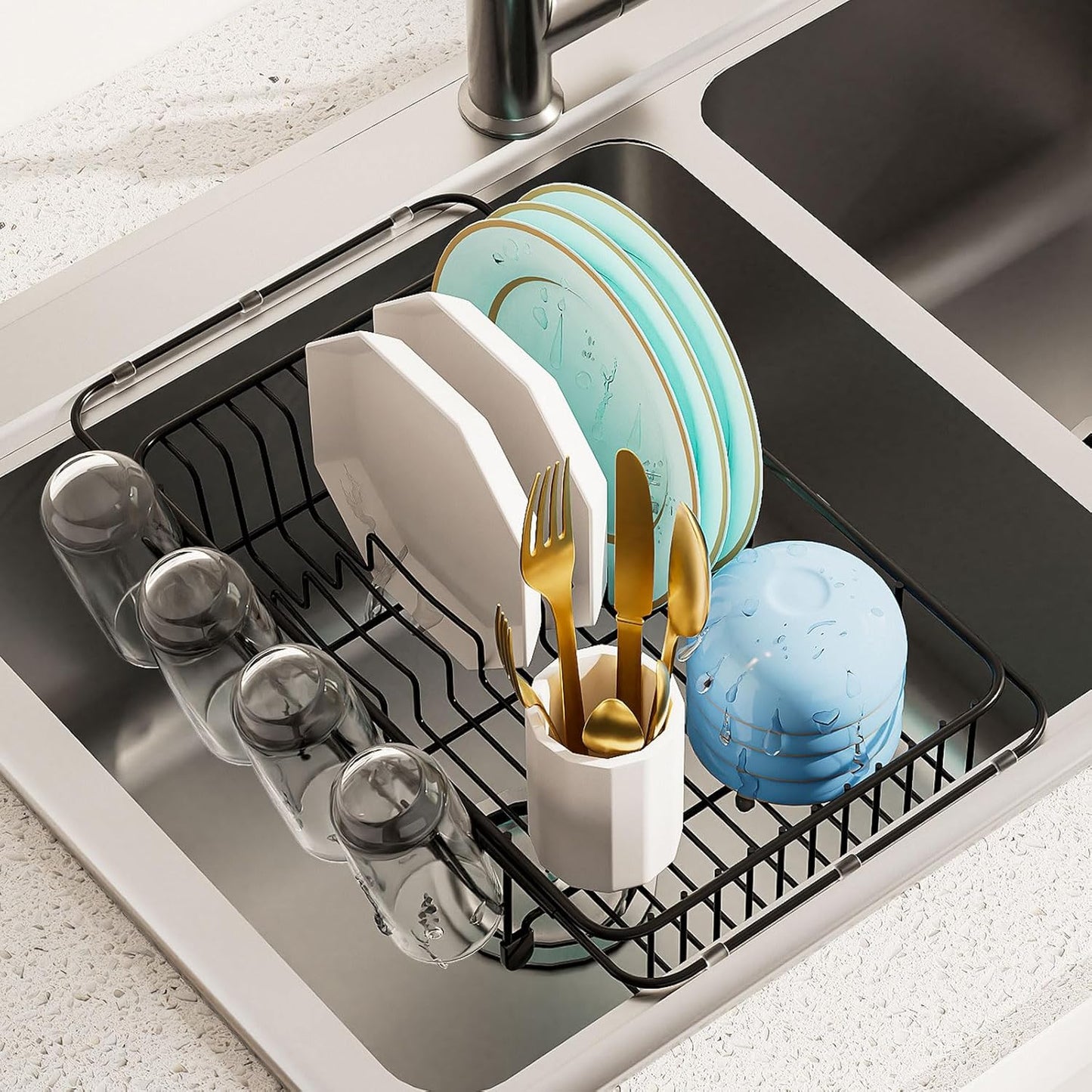 Dish Drying Rack in Sink Expandable Stainless Steel Kitchen Dish Drainer with 4 Cup Holders, Black