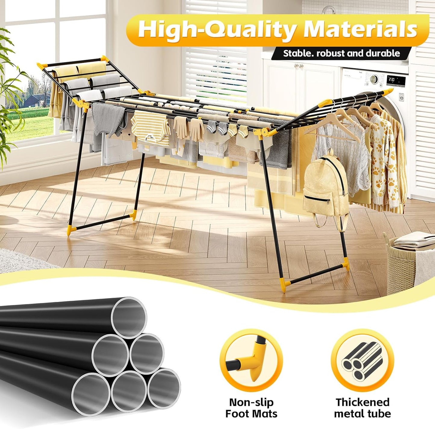 APEXCHASER Clothes Drying Rack Foldable, Large Drying Rack Clothing Retractable, Metal Clothes Airer for Bedding Towel Sweater Heavy Duty, Indoor Outdoor Use, 21.9"W x 100"L x 39"H, No Assembly,Yellow