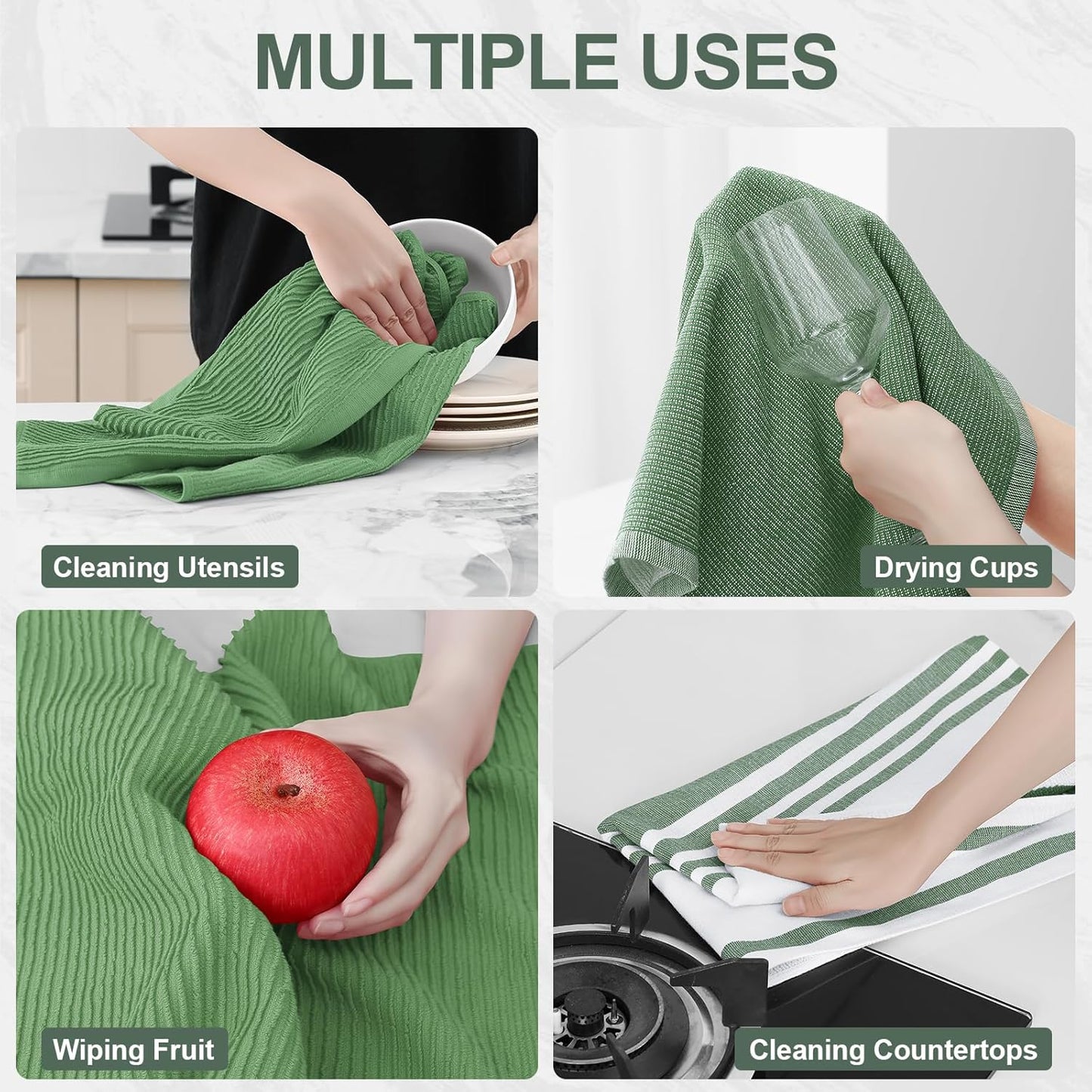 Homaxy Premium Kitchen Towels(18”x 28”, 12 Pack), Large Cotton 380 GSM Kitchen Hand Towels, Soft and Absorbent Terry Dish Towels, Multipurpose Tea Towel Set with Hanging Loop, Grass Green