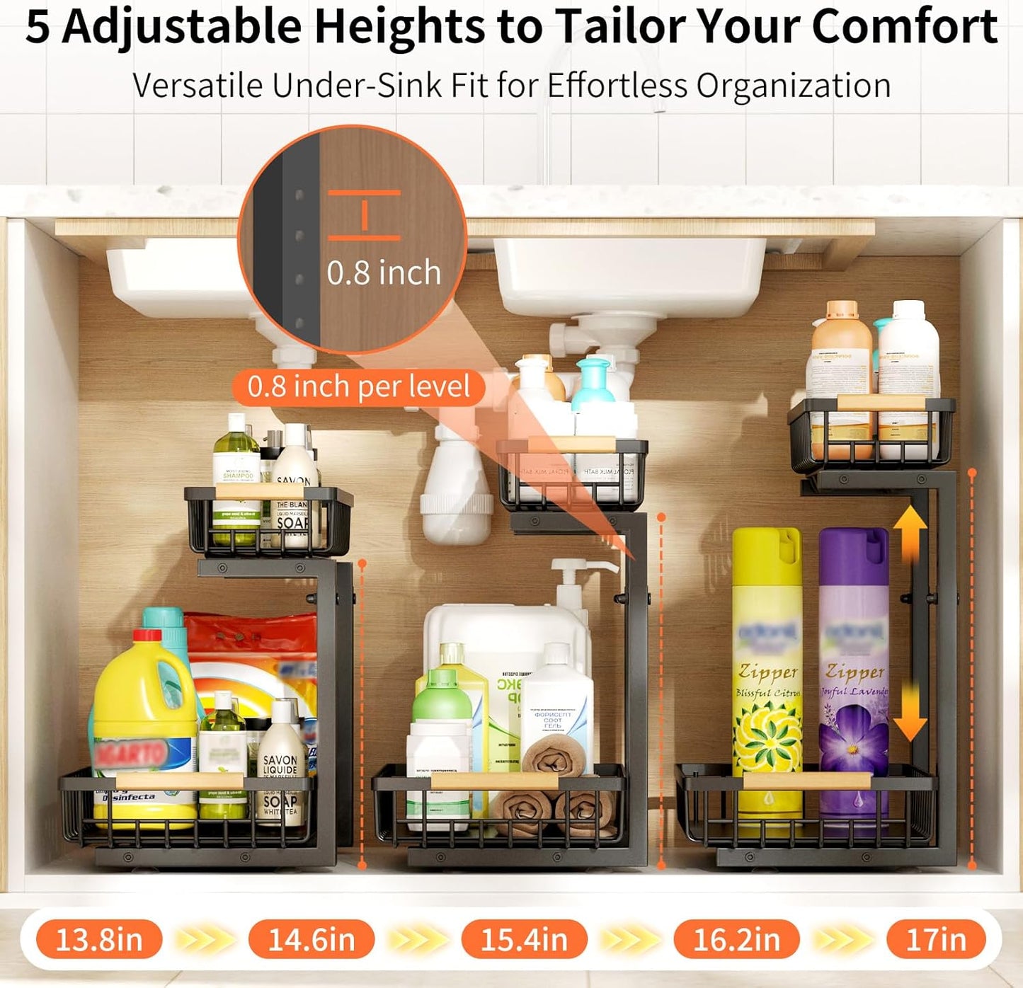 Under Sink Organizer, Under Sink Organizers and Storage, 2-Tier Pull Out Under Cabinet Organizer Storage Shelf, Metal Frame, Height Adjustable Rack for Bathroom Kitchen Pantry