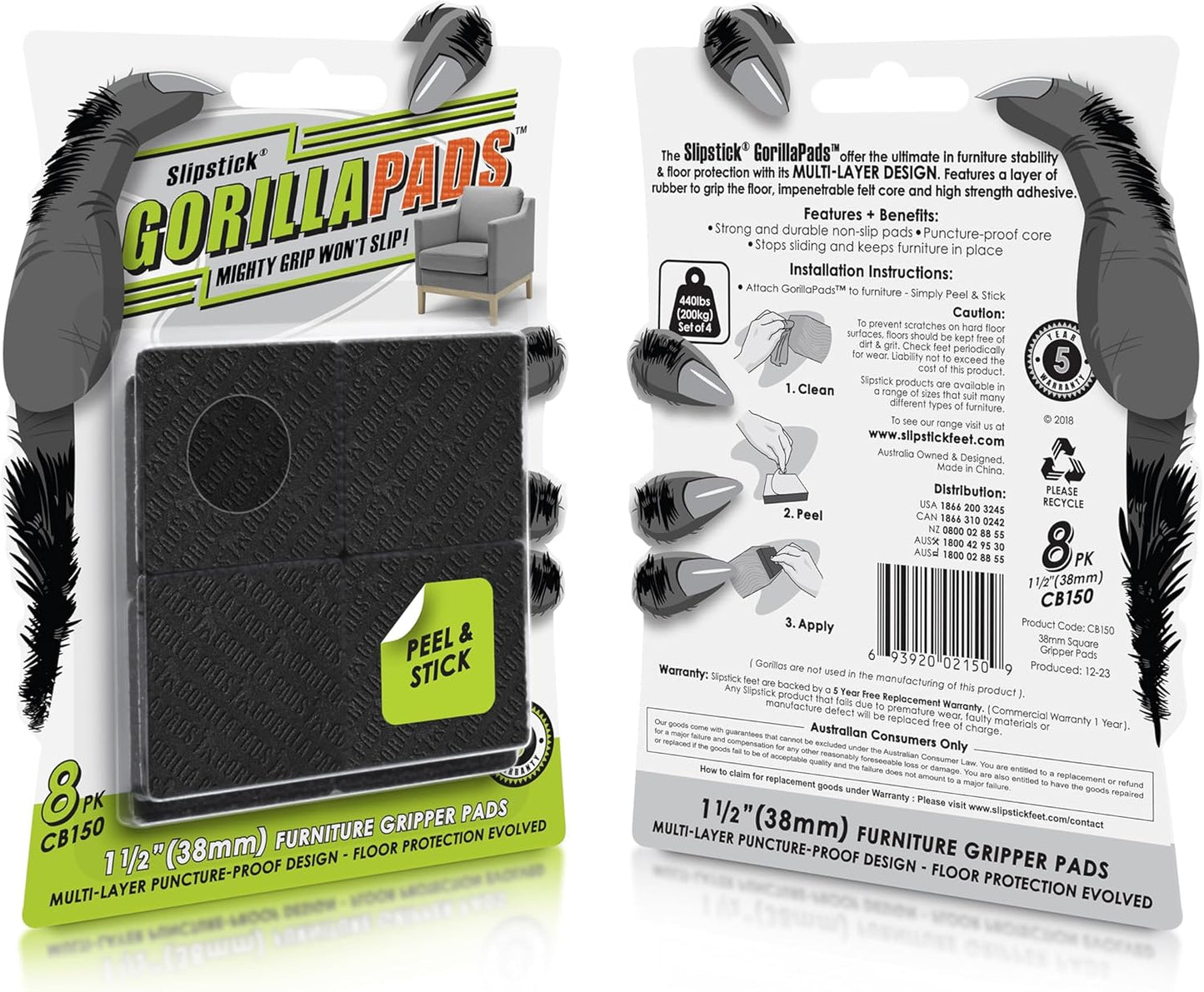 Slipstick GorillaPads CB150 Non Slip Furniture Pads/Rubber Grips (Set of 8) Self Adhesive Furniture Feet Floor Protectors, 1-1/2 inch Square, Black