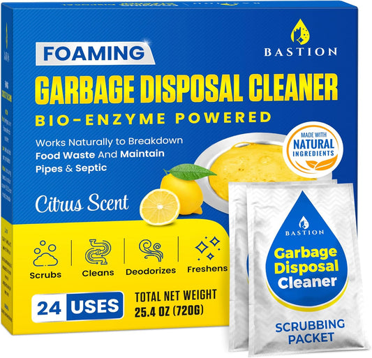 Garbage Disposal Cleaner and Deodorizer - 24-Count (1-Year Supply) Foaming Lemon Scented Kitchen Sink Freshener Pods & Drain Odor Eliminator Disposer Care by Bastion