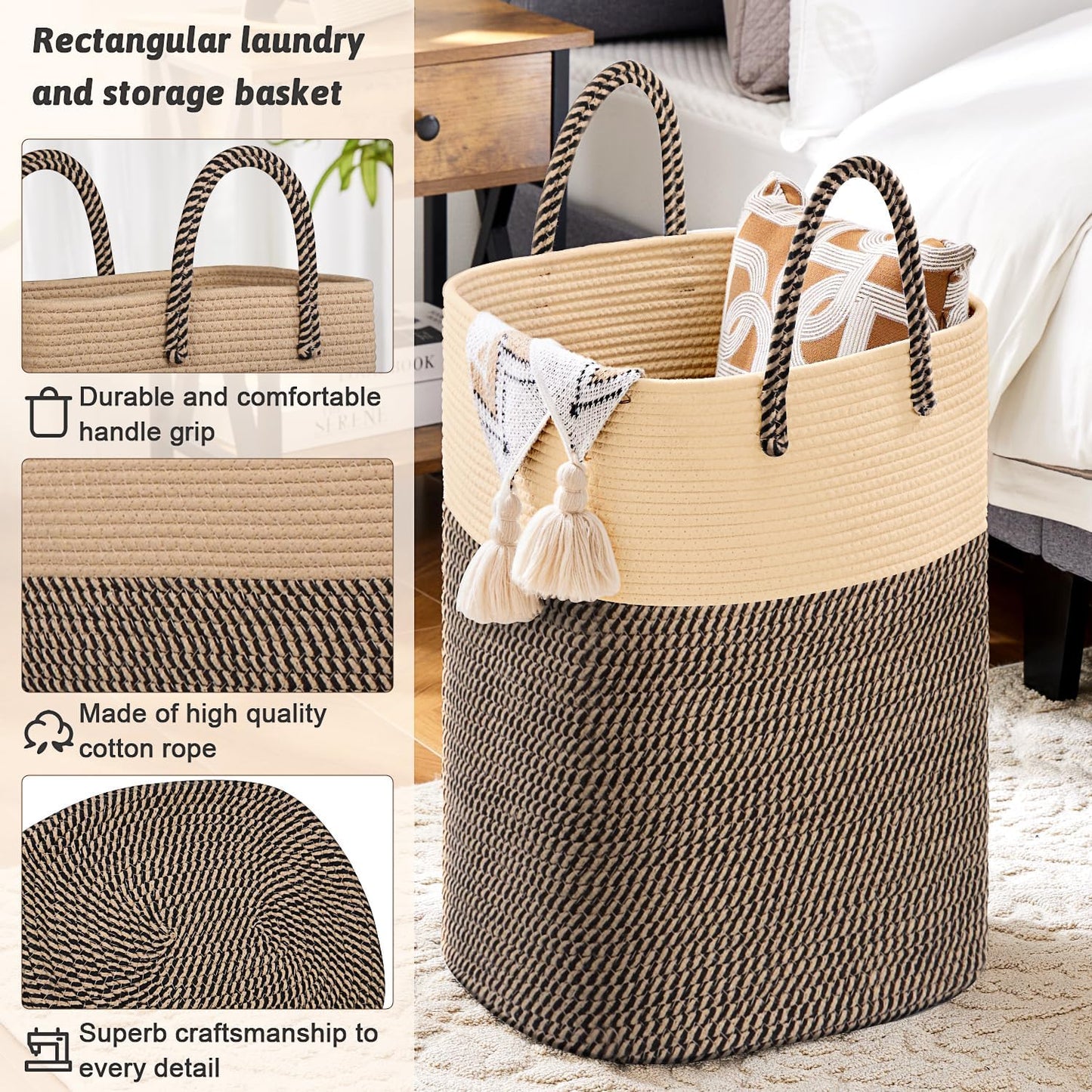Laundry Basket,Woven Cotton Rope Laundry Hamper,Versatile Storage for Dirty Clothes,Baby Toys,and Blankets in Bathroom, Nursery,and Living Room (Jute, 100L)