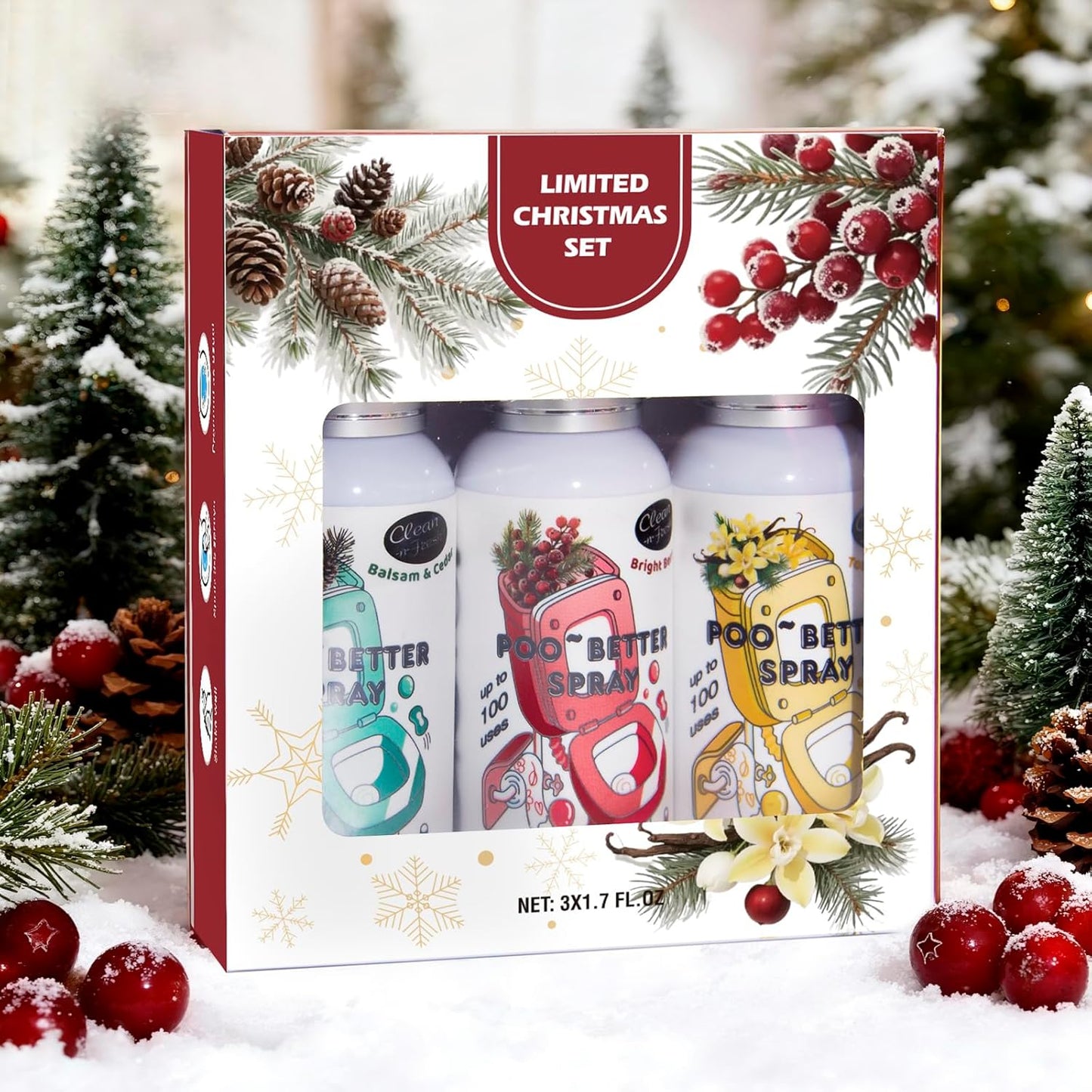 Clean-n-Fresh Holiday Toilet Spray, 3 Pack Gift Set- Balsam & Cedar/Toasty Vanilla/Bright Berry, Bathroom & Toilet Odor Deodorizer, Travel Size Toiletries, Total 5.1 Fl Oz