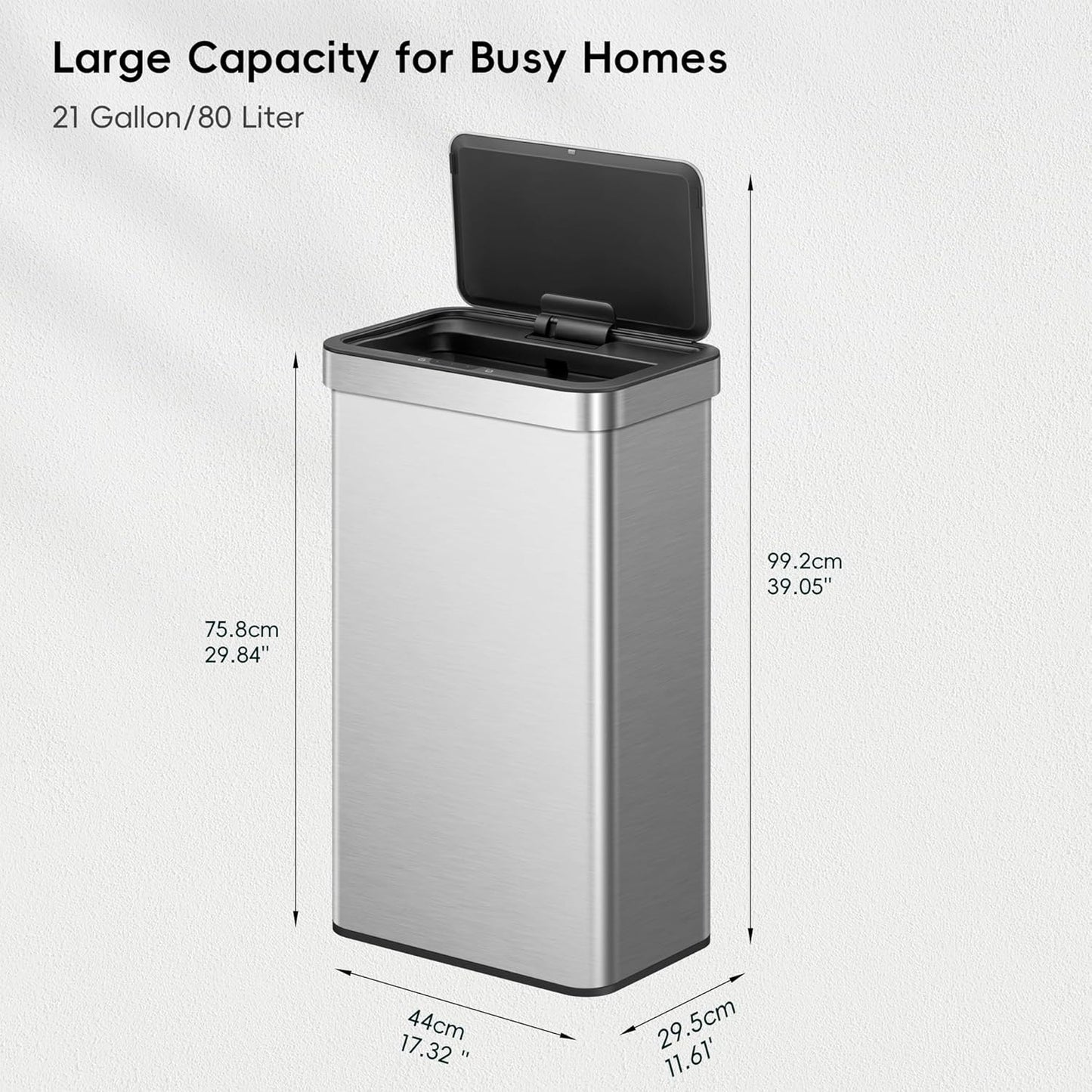 EKO Nova Sensor Trash Can, 21 Gallon/80 Liter Stainless Steel Rectangular Touchless Motion Sensor Trash Can, Matte Metallic