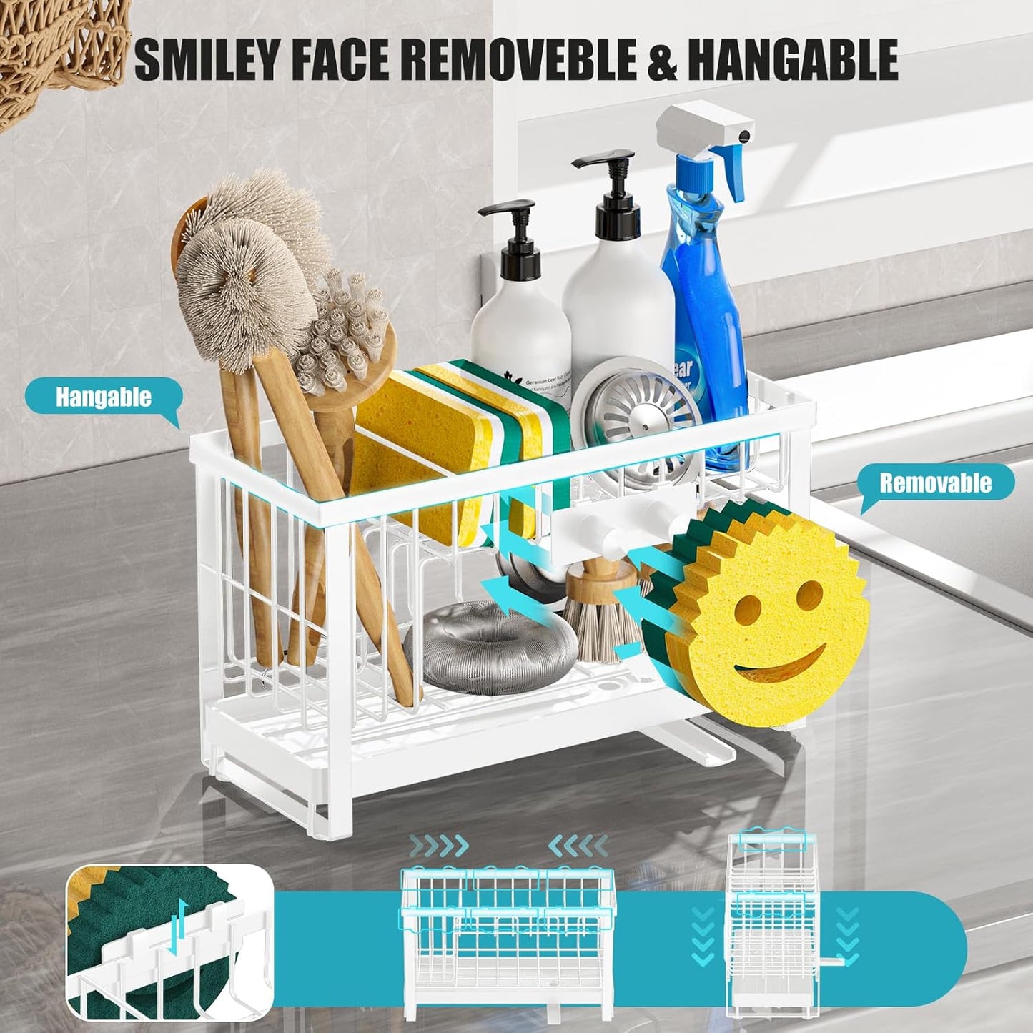 Sponge Holder for Kitchen Sink with Flexible Sink Caddy Smiley Face,2 Tier Kitchen Sponge Holder Countertop and Storage Essentials,Soap Dispenser Organize,Home Decor Accessories-White