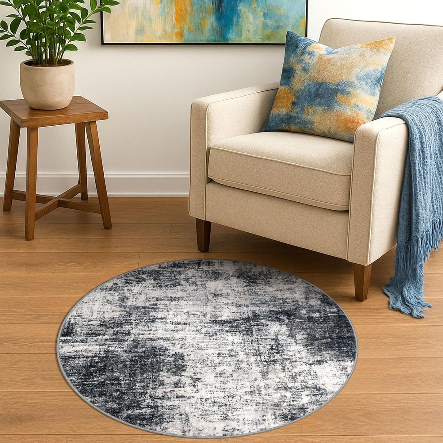 IOHOUZE Round Area Rug 3 Ft Circle Entryway Rugs Round Washable Door Mat Indoor Entrance, Non Slip Circle Front Door Rug, Printed Abstract Faux Wool Floor Carpet for Foyer Porch Sink, Black Grey