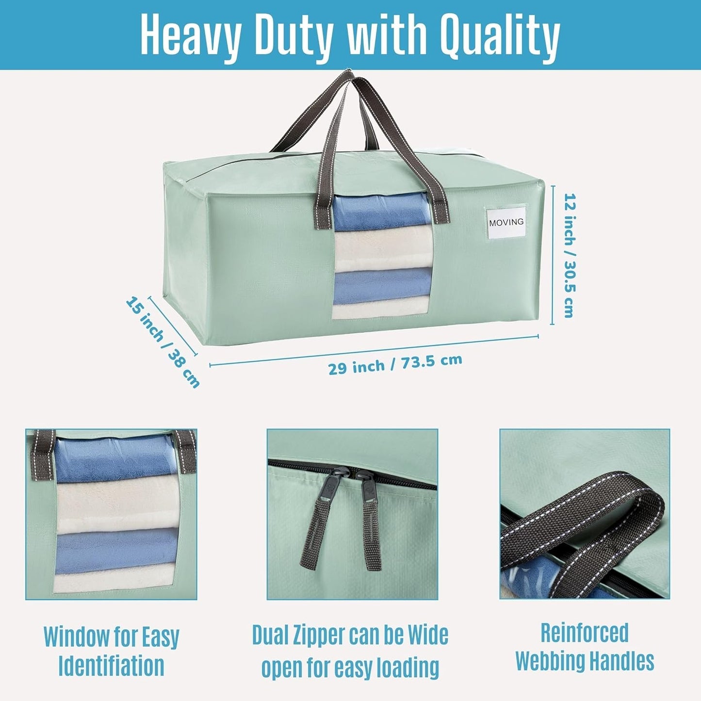 VENO 10 Pack Moving Bags for College, Heavy-Duty Storage Totes, Moving Boxes and Wardrobe Packing Supplies Alternative - Extra Large Durable Laundry Bags for Clothes (Shiny Light Green, 10 Pack)