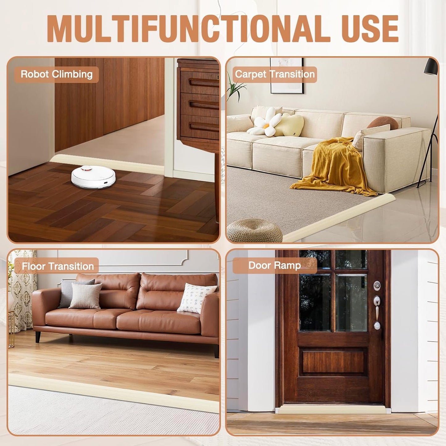 Floor Transition Strip Self Adhesive Vinyl Door Threshold for Doorways Carpet Edging Trim Overlap Edge Reducer for Laminate Floor, Carpet, Tile (Beige Wood Grain, 1/5" to 2/5", 6.6Ft)