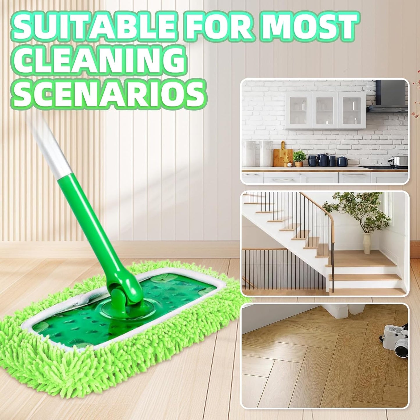 8 Pack Reusable Mop Pads Compatible with Swiffer Sweeper, Microfiber Chenille Washable Swiffer Mop Pads, Dry & Wet Sweeping Mopping Cloths (Green)