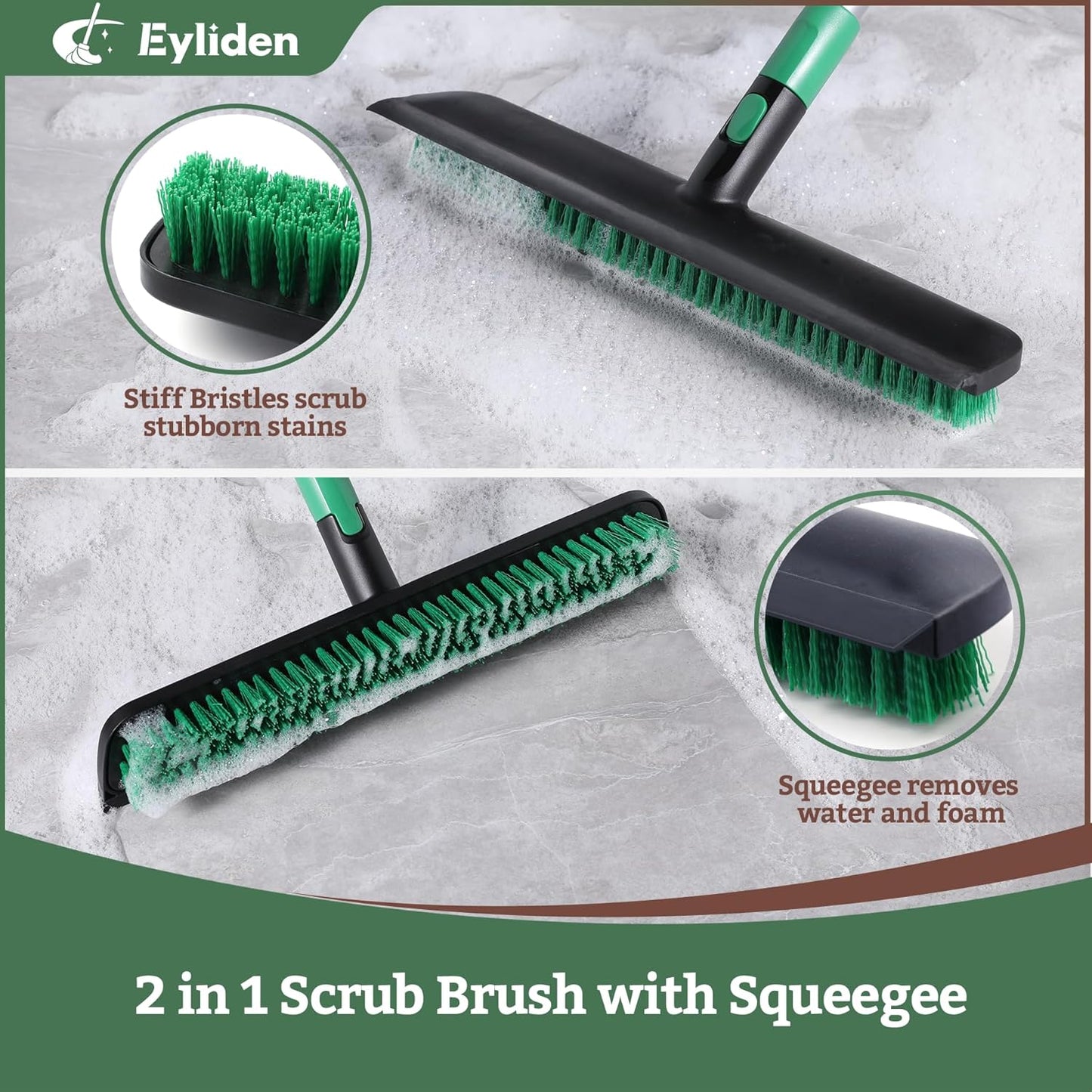 Eyliden X-Large Floor Scrub Brush, 2 in 1 Scrape Brushes with Rubber Squeegee | 55.3" Long Handle, 15" Wide Stiff Bristle Head | Floor Scrubber for Deck Kitchen Shower Bathroom Tub Tile Patio Wall