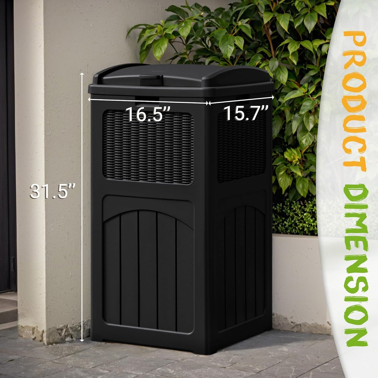 YESHOMY 33 Gallon Resin Outdoor Trash Can with Lid, Hideaway Waterproof Patio Garbage Bin, Black